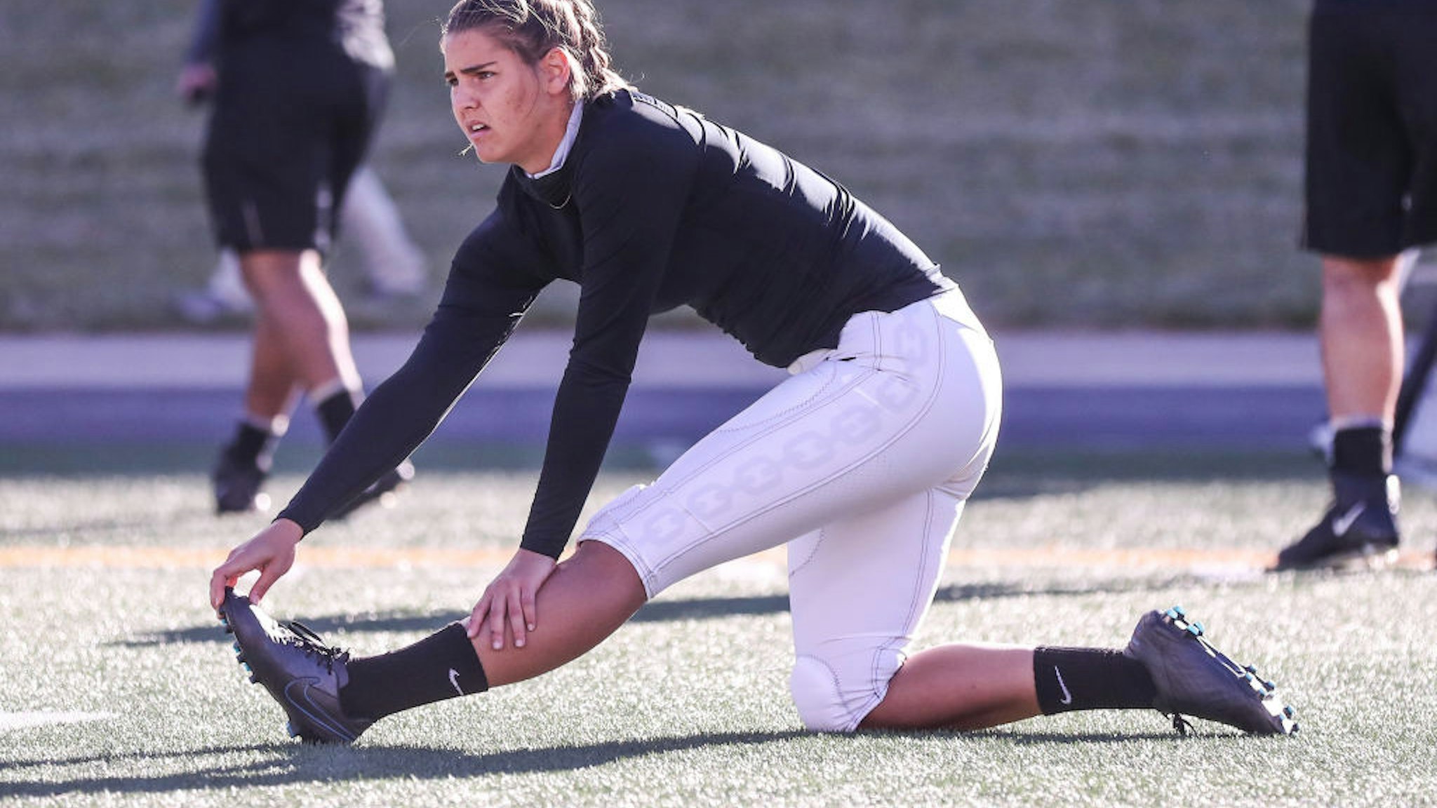 Sarah Fuller #32 of the Vanderbilt Commodores warms up prior to the game against the Missouri Tigers at Farout Field on November 28, 2020 in Columbia, Missouri.