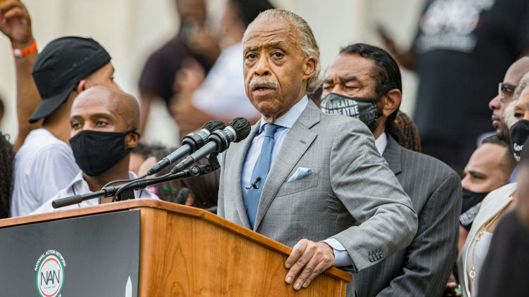 Rev. Al Sharpton speaks at the 2020 March on Washington, officially known as the “Commitment March: Get Your Knee Off Our Necks,” at the Lincoln Memorial on August 28, 2020 in Washington, DC.