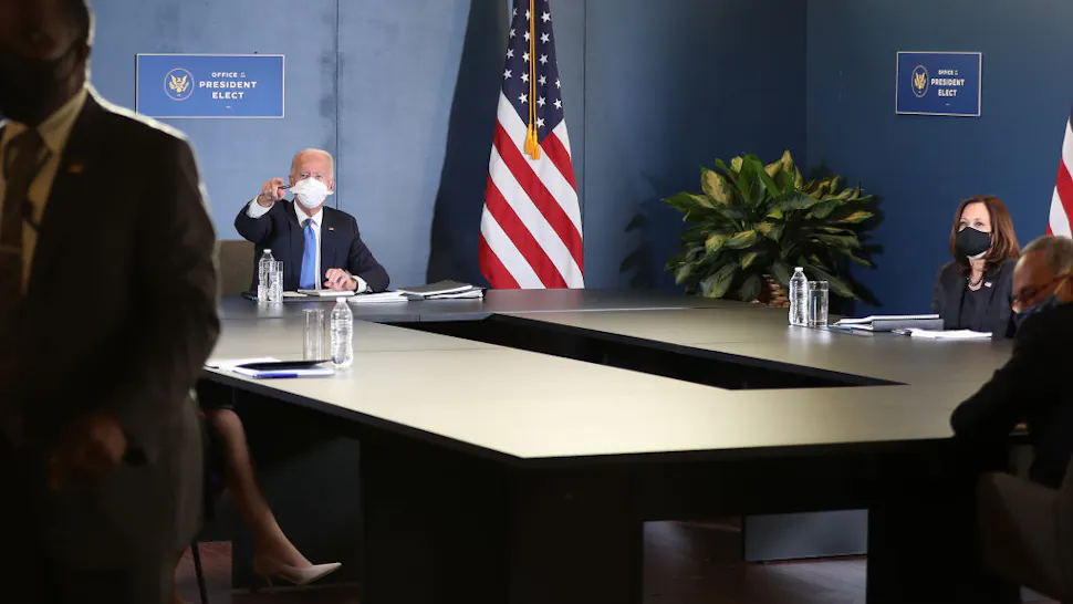 Joe Biden U.S. President-elect Joe Biden and Vice President-elect Kamala Harris hold a meeting with Speaker of the House Nancy Pelosi (D-CA) and Senate Democratic Leader Chuck Schumer (D-NY) at the Queen Theater on November 20, 2020 in Wilmington, Delaware.