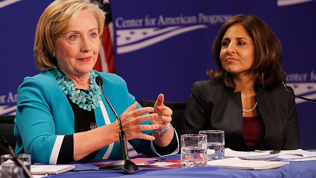 Secretary Hillary Clinton (L) and CAP President Neera Tanden attend the "Why Women's Economic Security Matters For All" panel discussion at The Center For American Progress on September 18, 2014 in Washington, DC.