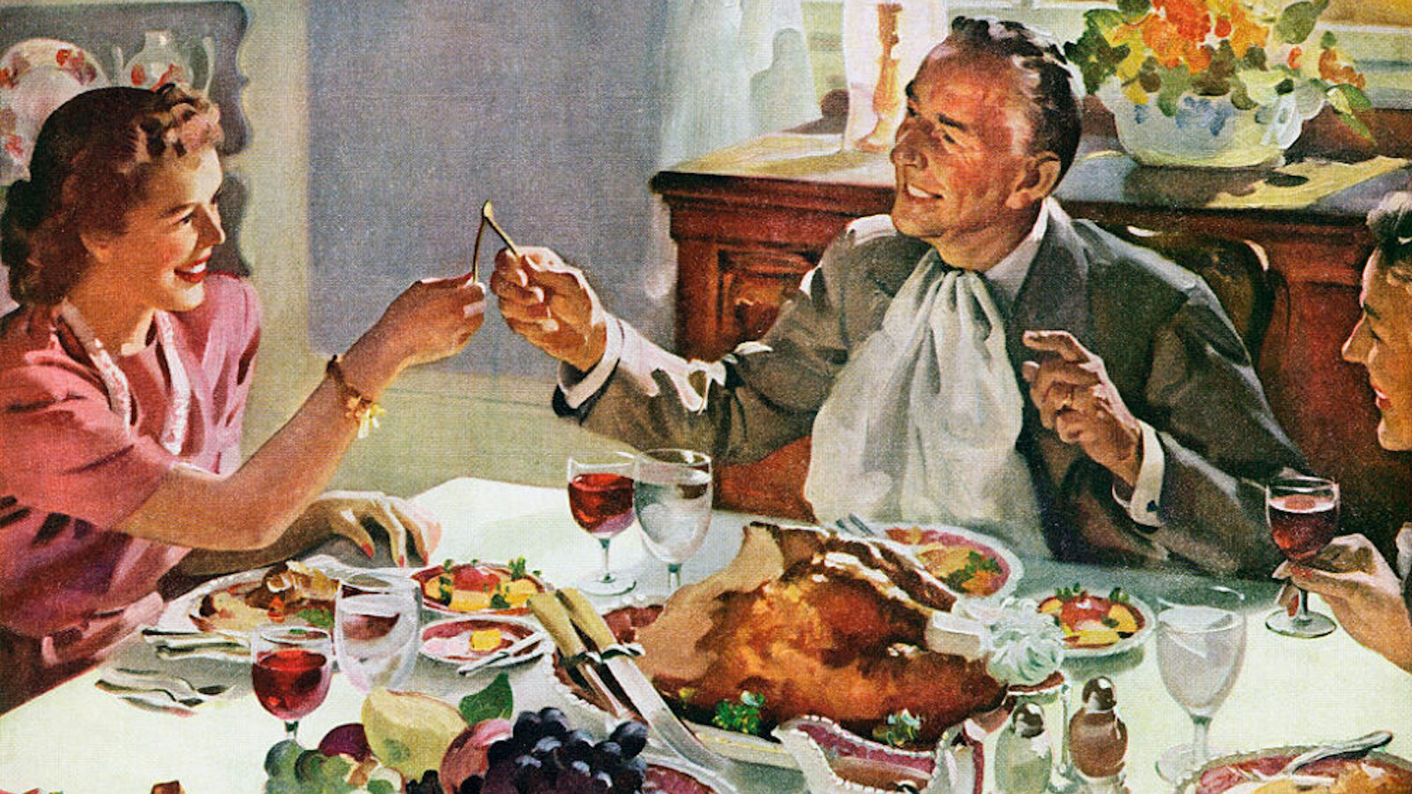 Vintage illustration of a husband and wife pulling the wishbone of a turkey for good luck at Thanksgiving dinner; screen print, 1942.