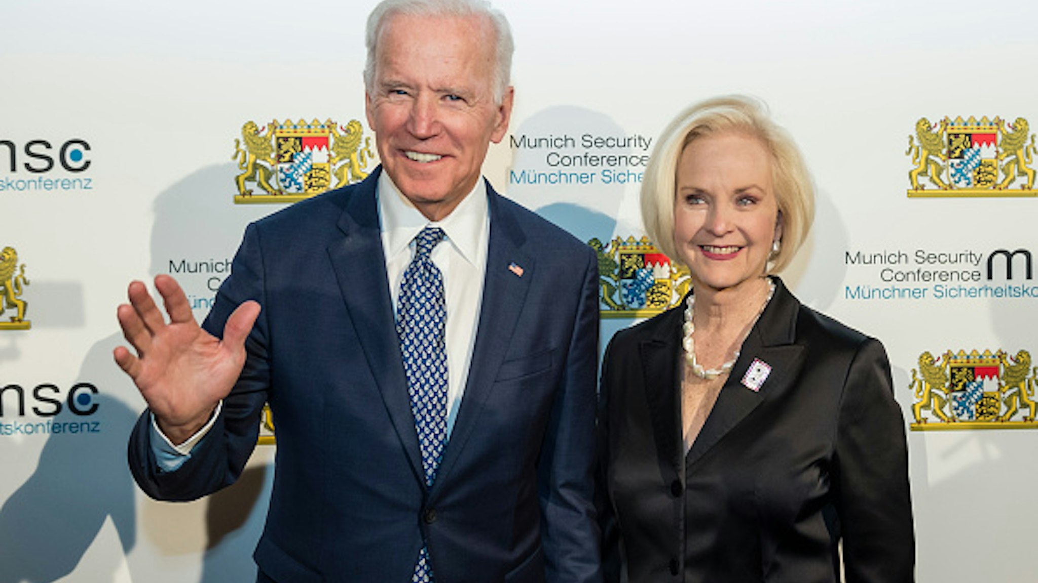 dpatop - Former US Vice President Joe Biden, and Cindy McCain, arrive at the reception of the Bavarian State Chancellery during the 54th Munich Security Conference in Munich, Germany, 17 February 2018. Photo: Andreas Gebert/dpa