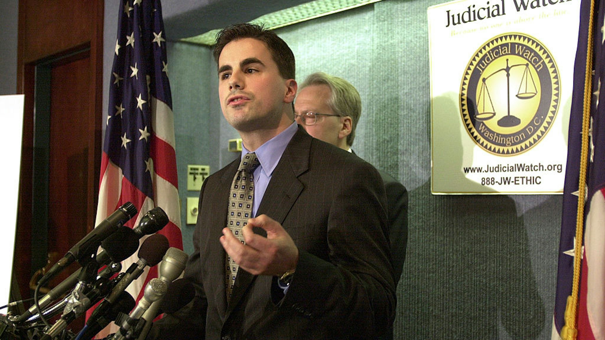 Tom Fitton of Judicial Watch during a press conference to announce a lawsuit against Tom Delay, R-Texas, for alleged fund rasing improprieties.
