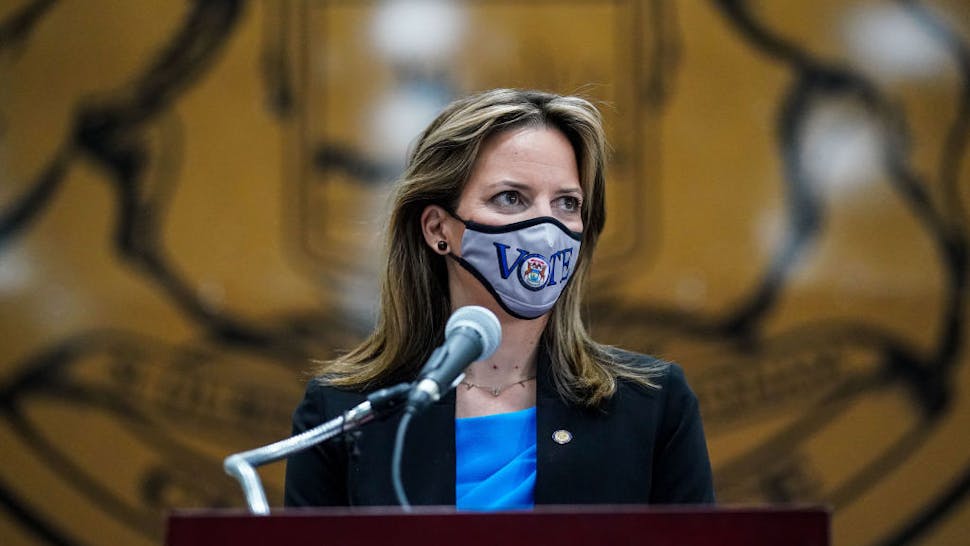 Jocelyn Benson DETROIT, MI - NOVEMBER 02: Secretary of State Jocelyn Benson speaks during a press conference at Callidac Place on Monday, Nov. 2, 2020 in Detroit, MI. With only a day remaining before the U.S. election and an unprecedented early voting turnout, President Donald Trump and Democratic nominee former Vice-President Joe Biden are campaigning in crucial swing states. (Kent Nishimura / Los Angeles Times via Getty Images)