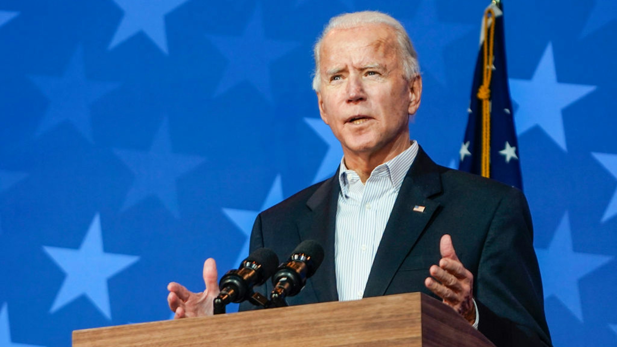 Former Vice President and presidential nominee Joe Biden addresses reporters on November 5, 2020 in Wilmington, Delaware. (Photo by Demetrius Freeman/The Washington Post via Getty Images)