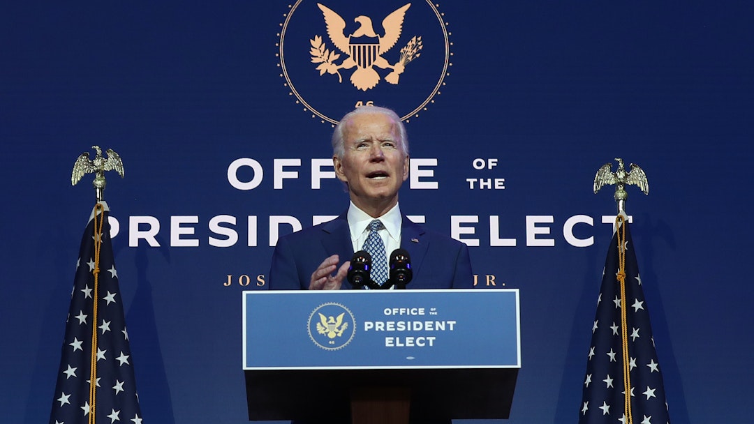 Joe Biden speaks to the media after receiving a briefing from the transition COVID-19 advisory board on November 09, 2020 at the Queen Theater in Wilmington, Delaware. Mr. Biden spoke about how his administration would respond to the coronavirus pandemic. (Photo by Joe Raedle/Getty Images)