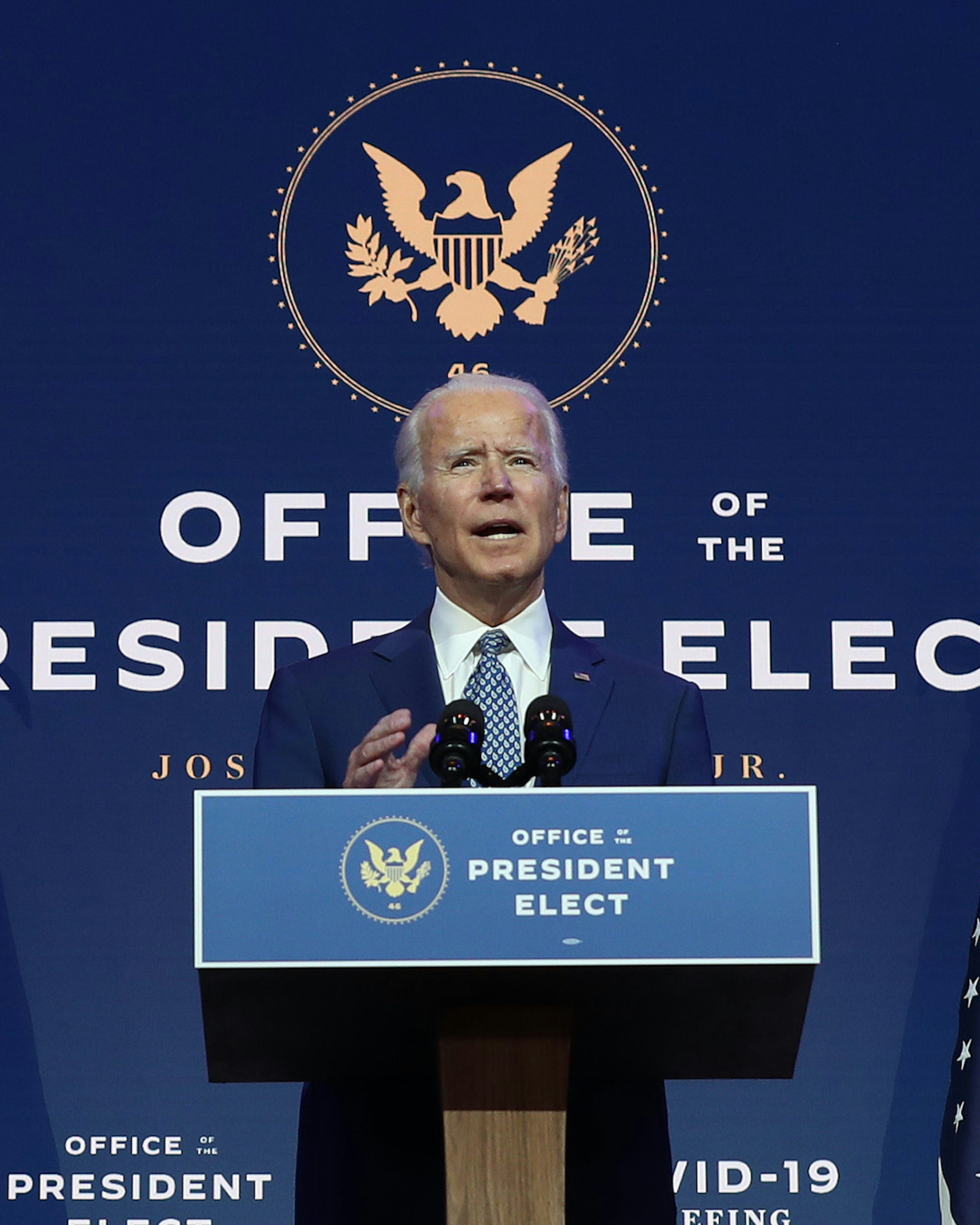 Joe Biden speaks to the media after receiving a briefing from the transition COVID-19 advisory board on November 09, 2020 at the Queen Theater in Wilmington, Delaware. Mr. Biden spoke about how his administration would respond to the coronavirus pandemic. (Photo by Joe Raedle/Getty Images)