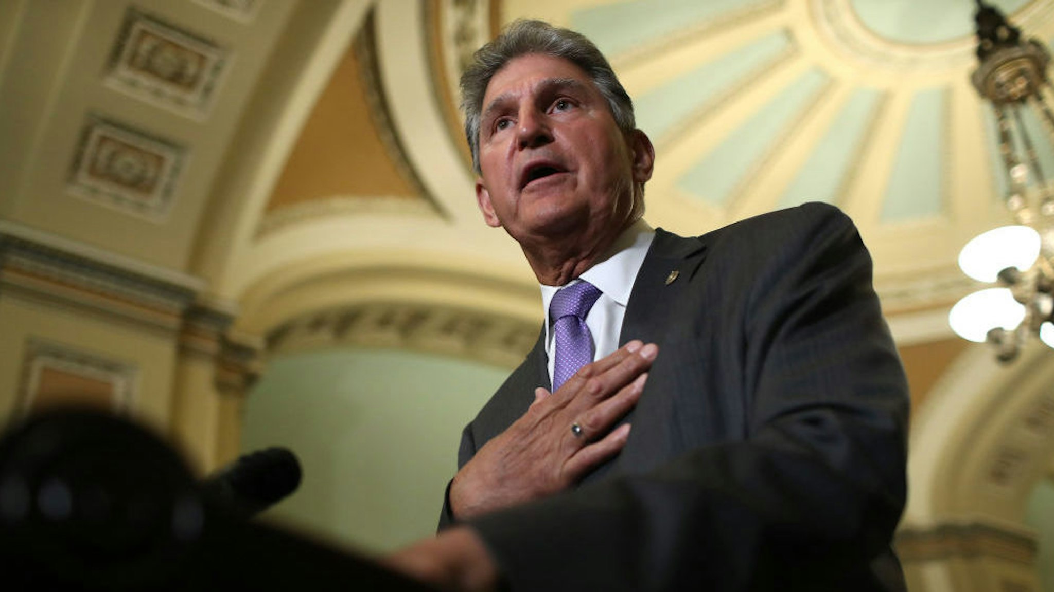 WASHINGTON, DC - JULY 09: Sen. Joe Manchin (D-WV) answers questions at the U.S. Capitol on July 09, 2019 in Washington, DC. Senate Majority Leaders Chuck Schumer answered a range of questions during the press conference including queries on recent court cases involving the Affordable Care Act.