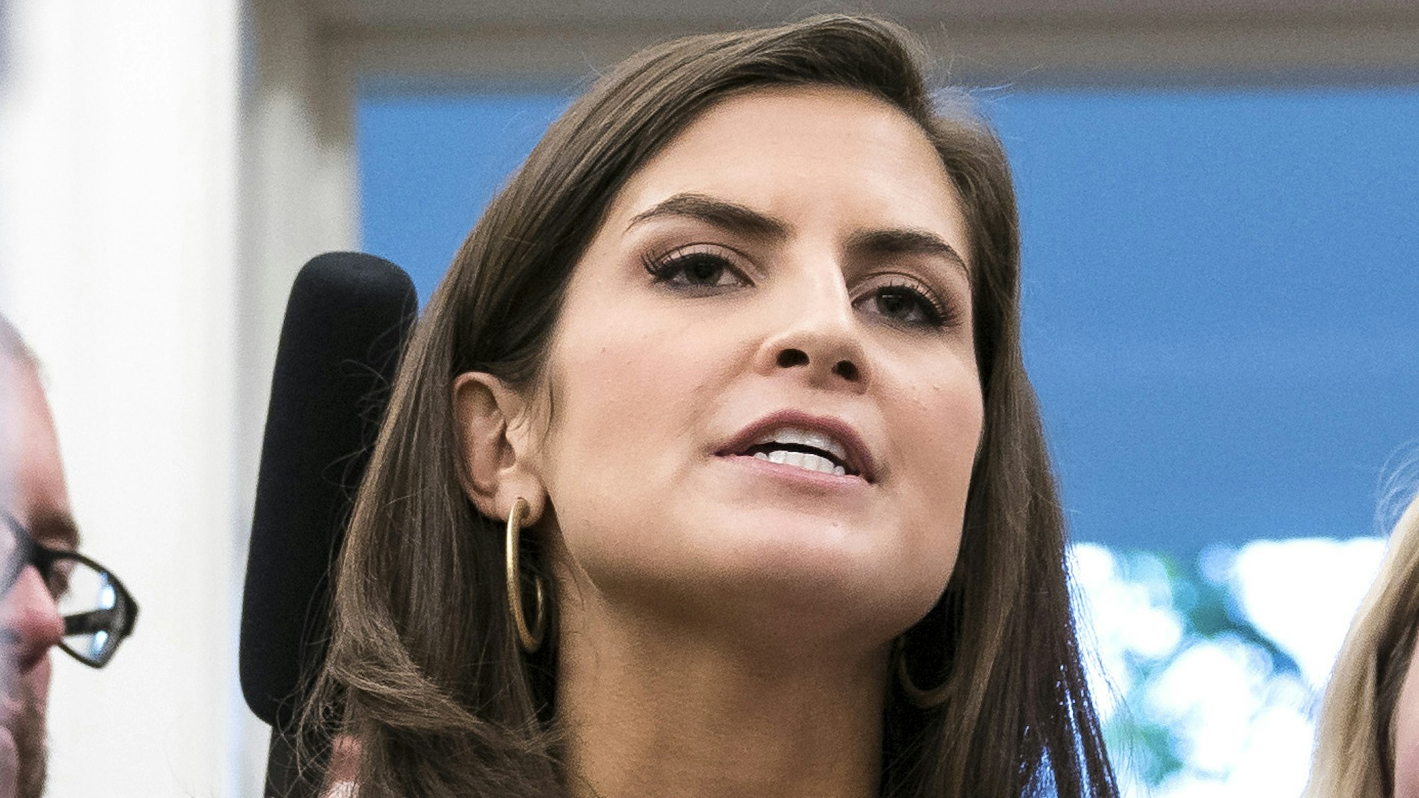 WASHINGTON, DC - JULY 30 : CNN White House Correspondent Kaitlan Collins asks questions of President Donald J. Trump as the press is escorted out after a swearing-in ceremony for the new Secretary of the Department of Veterans Affairs Robert Wilkie in the Oval Office at the White House on Monday, July 30, 2018 in Washington, DC.