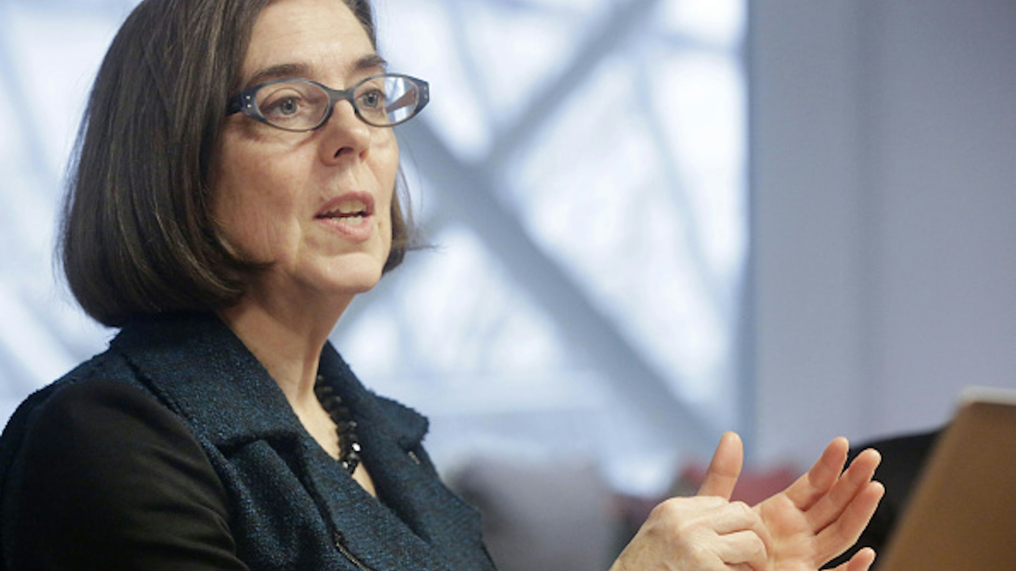 Kate Brown, governor of Oregon, speaks during an interview in Portland, Oregon, U.S. on Wednesday, Jan. 20, 2016. Brown, a Democrat, joined the state House of Representatives in 1991, was later elected to the Senate and served as secretary of state since 2009, before taking over as governor in February.