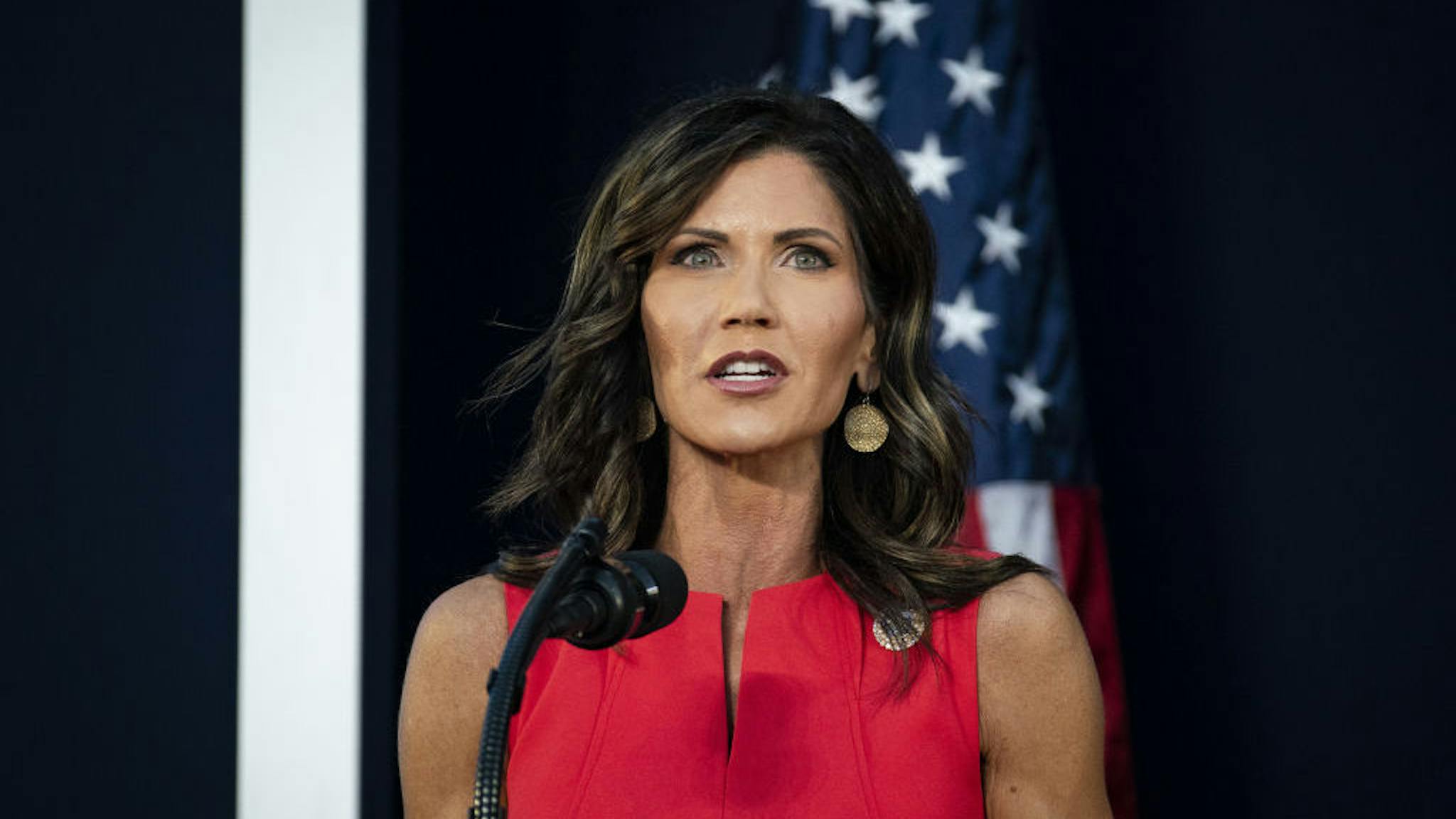 Kristi Noem Kristi Noem, governor of South Dakota Governor, speaks during an event at Mount Rushmore National Memorial in Keystone, South Dakota, U.S., on Friday, July 3, 2020. The early Independence Day celebration, which will feature a speech by President Donald Trump, a military flyover and the first fireworks in more than a decade, is expected to include about 7,500 ticketed guests who won't be required to wear masks or socially distance despite a spike in U.S. coronavirus cases. Photographer: Al Drago/Bloomberg