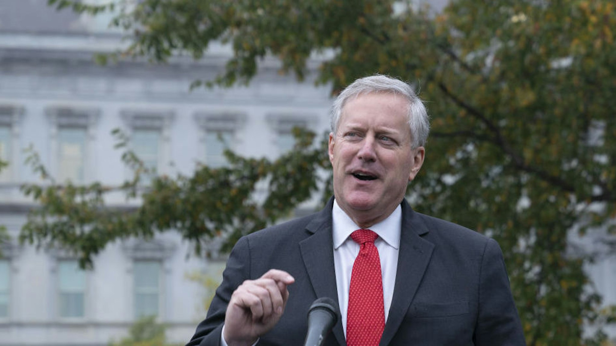 Mark Meadows, White House chief of staff, speaks to members of the media outside of the White House in Washington, D.C., U.S., on Wednesday, Oct. 21, 2020. Meadows said the goal in talks with House Speaker Pelosi is a deal on a coronavirus relief package within the next 48 hours.