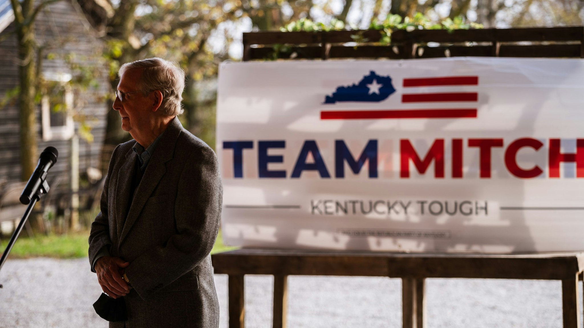 U.S. Senate Majority Leader Sen. Mitch McConnell (R-KY) , stands and speaks to the press and his supporters during a campaign stop on October 28, 2020 in Smithfield, Kentucky. McConnell is running against Democratic U.S. Senate candidate Amy McGrath in next weeks general election. (Photo by Jon Cherry/Getty Images)