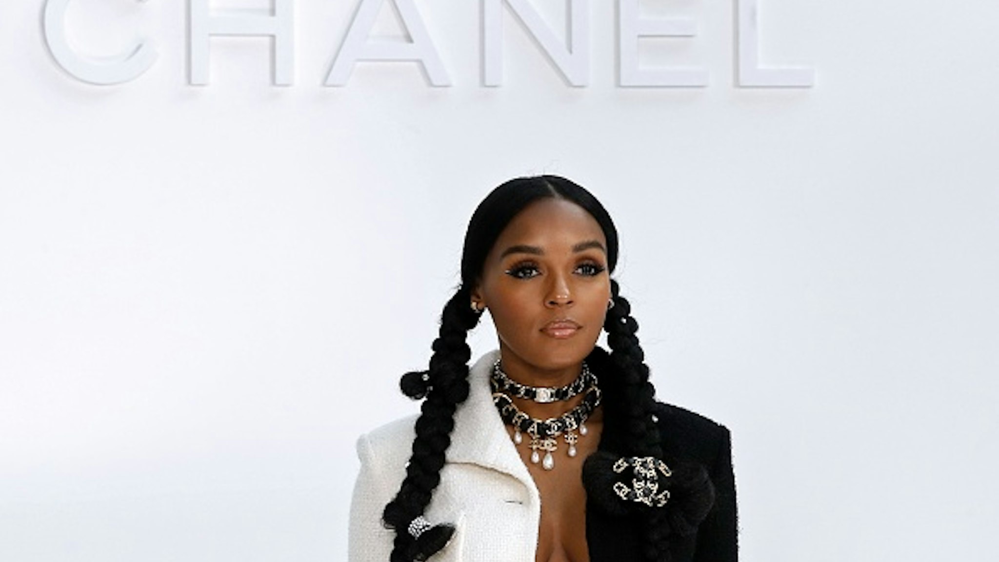 US singer, actress and producer Janelle Monae poses during the photocall prior to the Chanel Women's Fall-Winter 2020-2021 Ready-to-Wear collection fashion show at the Grand Palais in Paris, on March 3, 2020.