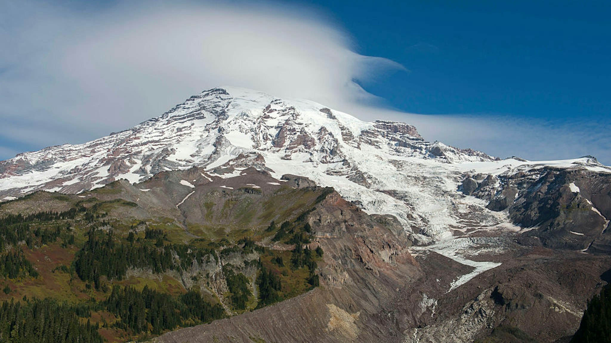 WASHINGTON, UNITED STATES - 2016/09/24: View from the Nisqually Vista Trail of Mount Rainier with the Nisqually Glacier in Mt. Rainier National Park in Washington State, USA