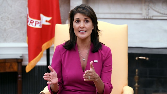 Nikki Haley, the United States Ambassador to the United Nations speaks during a meeting with US President Donald Trump speaks in the Oval office of the White House October 9, 2018 in Washington, DC. - Nikki Haley resigned Tuesday as the US ambassador to the United Nations, in the latest departure from President Donald Trump's national security team. Meeting Haley in the Oval Office, Trump said that Haley had done a "fantastic job" and would leave at the end of the year. (Photo by Olivier Douliery / AFP) (Photo credit should read OLIVIER DOULIERY/AFP via Getty Images)