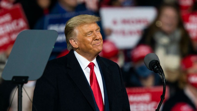 MONTOURSVILLE, PA - OCTOBER 31: U.S. President Donald Trump speaks to supporters during a rally on October 31, 2020 in Montoursville, Pennsylvania. Donald Trump is crossing the crucial state of Pennsylvania in the last few days of campaigning before Americans go to the polls on November 3rd to vote. Trump is currently trailing his opponent Joe Biden in most national polls. (Photo by Eduardo Munoz Alvarez/Getty Images)