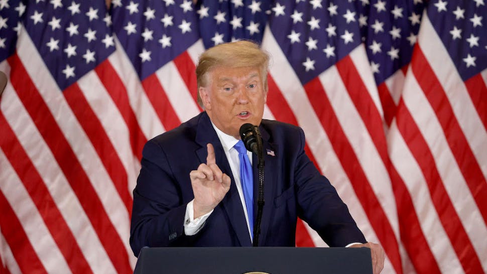 President Trump WASHINGTON, DC - NOVEMBER 04: U.S. President Donald Trump speaks on election night in the East Room of the White House in the early morning hours of November 04, 2020 in Washington, DC. Trump spoke shortly after 2am with the presidential race against Democratic presidential nominee Joe Biden still too close to call. (Photo by Chip Somodevilla/Getty Images)