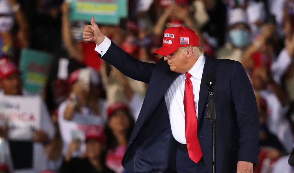 OPA LOCKA, FLORIDA - NOVEMBER 01: U.S. President Donald Trump makes a campaign stop at Miami-Opa Locka Executive Airport on November 1, 2020 in Opa Locka, Florida. President Trump continues to campaign against Democratic presidential nominee Joe Biden leading up to the November 3rd Election Day. (Photo by Joe Raedle/Getty Images)