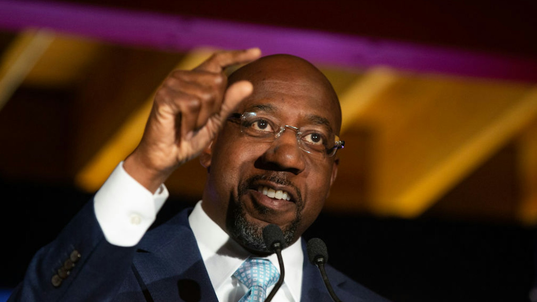 Democratic U.S. Senate candidate Rev. Raphael Warnock speaks during an Election Night event on November 3, 2020 in Atlanta, Georgia. Democratic Senate candidate Rev. Raphael Warnock is running in a special election against a crowded field, including U.S. Sen. Kelly Loeffler (R-GA), who was appointed by Gov. Brian Kemp to replace Johnny Isakson at the end of last year. Georgia is the only state with two Senate seats on the November 3 ballot. (Photo by Jessica McGowan/Getty Images)