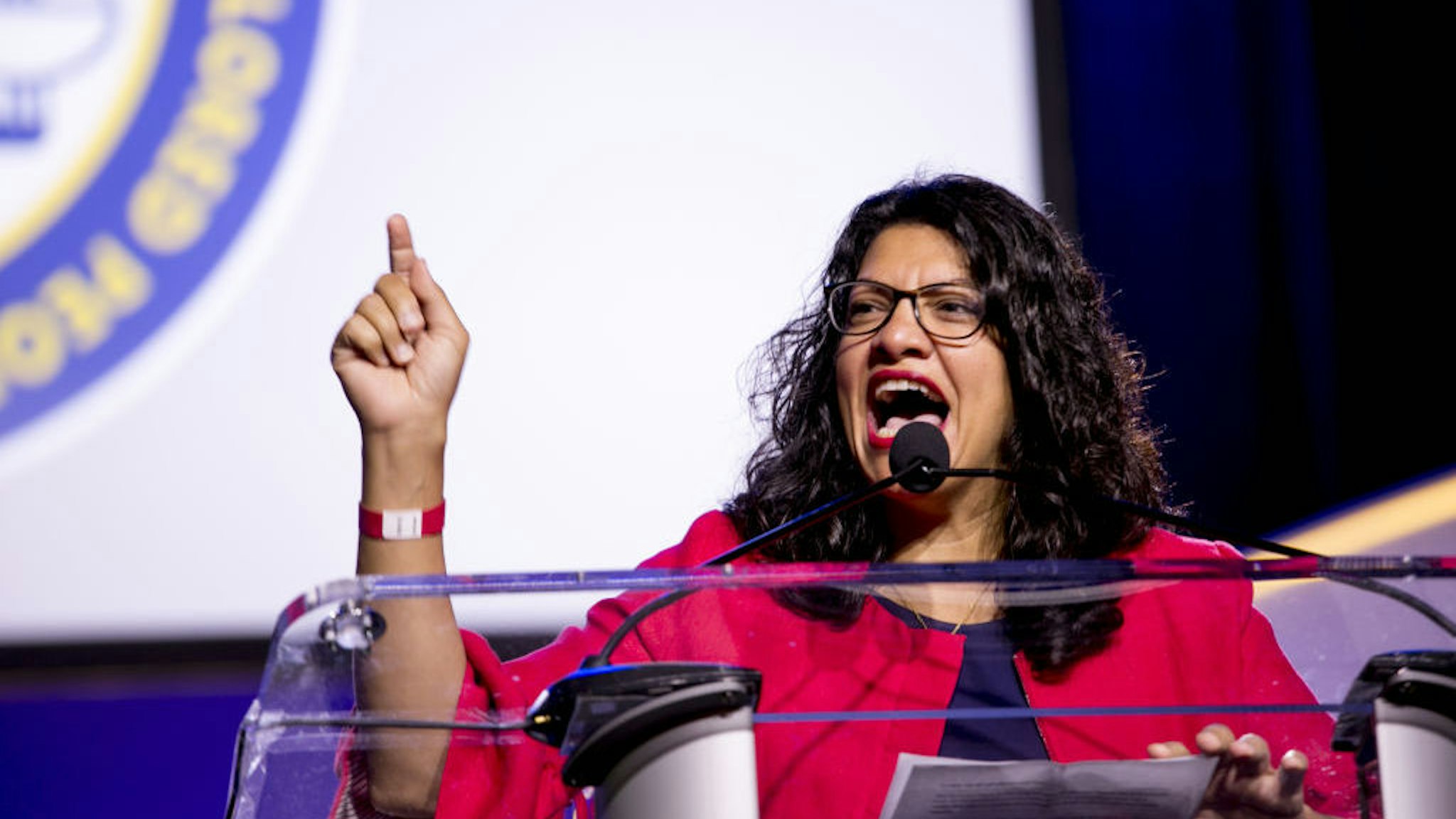 Representative Rashida Tlaib, a Democrat from Michigan, speaks during the 110th NAACP Annual Convention in Detroit, Michigan, U.S., on Monday, July 22, 2019. Democrats are launching a campaign in seven battleground states to make the case against Donald Trump's economy, seeking to neutralize the president's strongest political asset as his re-election campaign heats up. Photographer: Anthony Lanzilote/Bloomberg