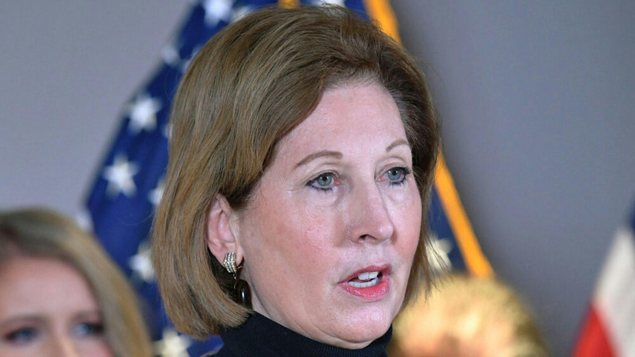 A November 19, 2020 photo shows Sidney Powell speaking during a press conference at the Republican National Committee headquarters in Washington, DC. - US President Donald Trump's personal lawyer Rudy Giuliani and campaign lawyer Jenna Ellis reportedly said that Powell is not a member of the Trump legal team.