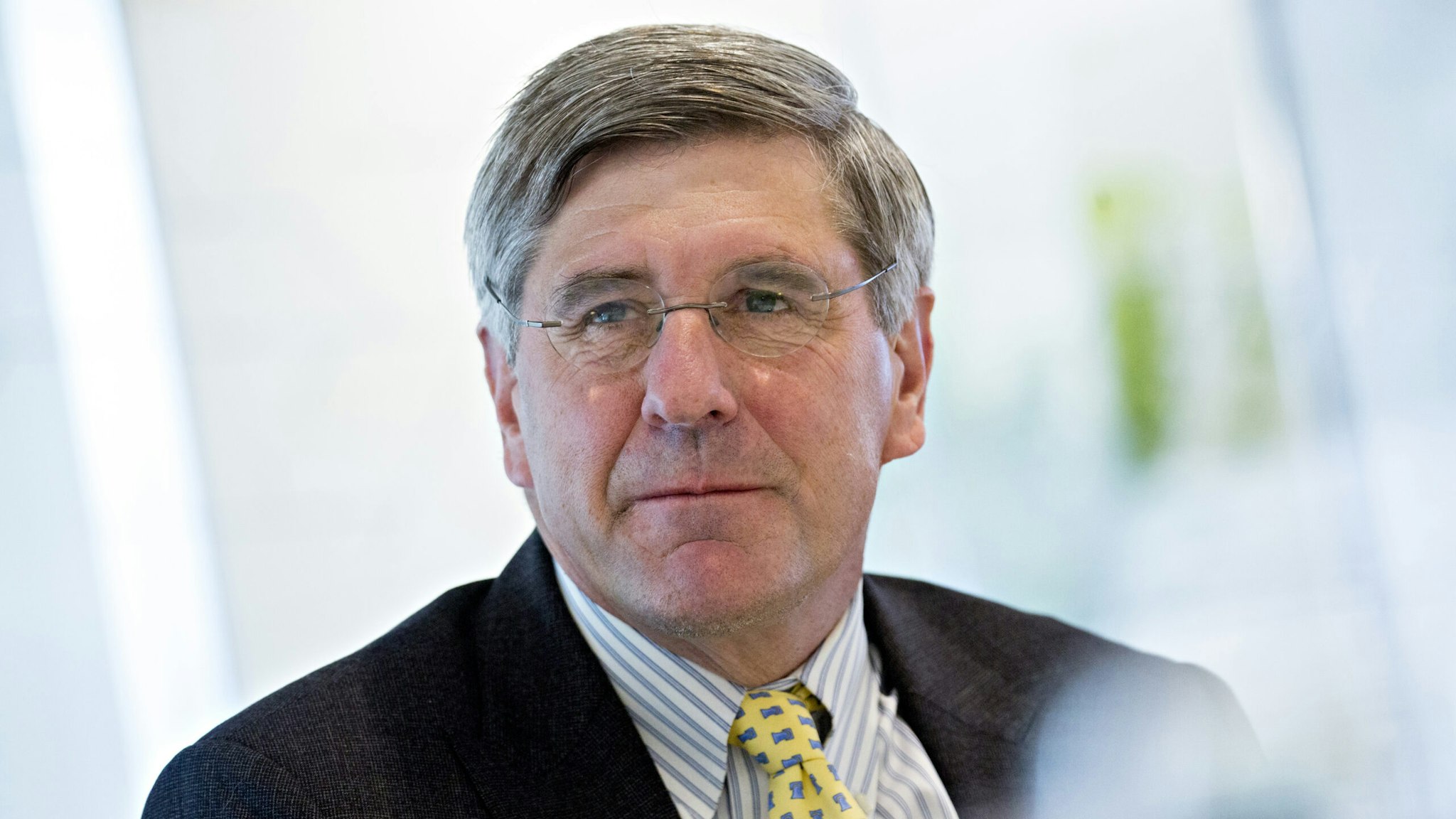Stephen Moore, visiting fellow at the Heritage Foundation, listens during an interview in Washington, D.C., U.S., on Thursday, May 2, 2019. President Donald Trump's selection for the Federal Reserve Board of Governors, Stephen Moore, said he is "all in" for the central bank despite growing objections to his potential nomination among Senate Republicans.