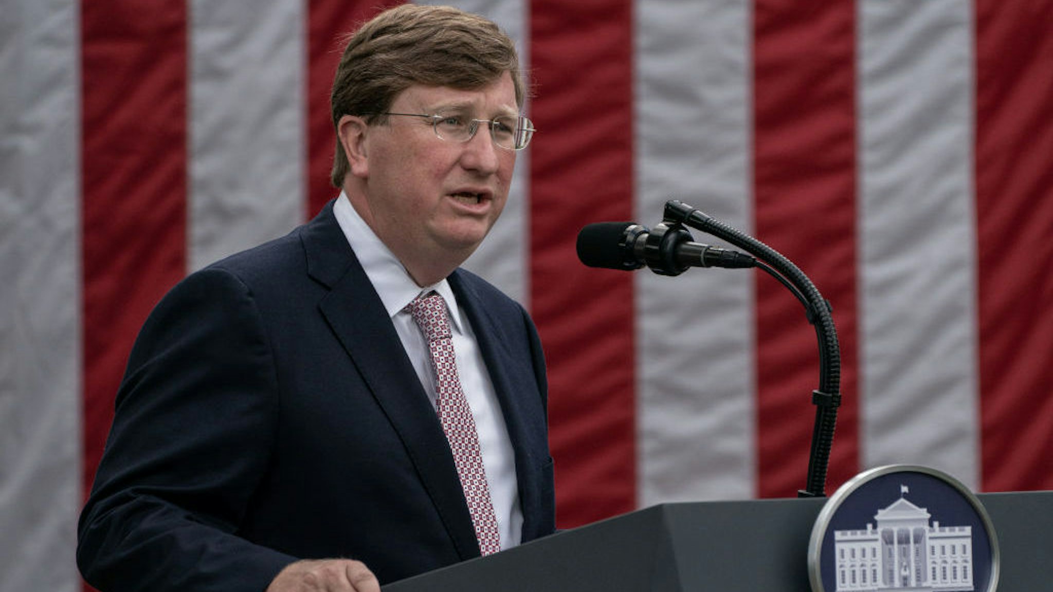 Tate Reeves, governor of Mississippi, speaks during an event in the Rose Garden of the White House in Washington, D.C., U.S., on Monday, Sept. 28, 2020. President Donald Trump is set to announce the government will send millions of rapid-result Covid-19 tests to states, and urge that they be used in schools. Photographer: Ken Cedeno/Sipa/Bloomberg