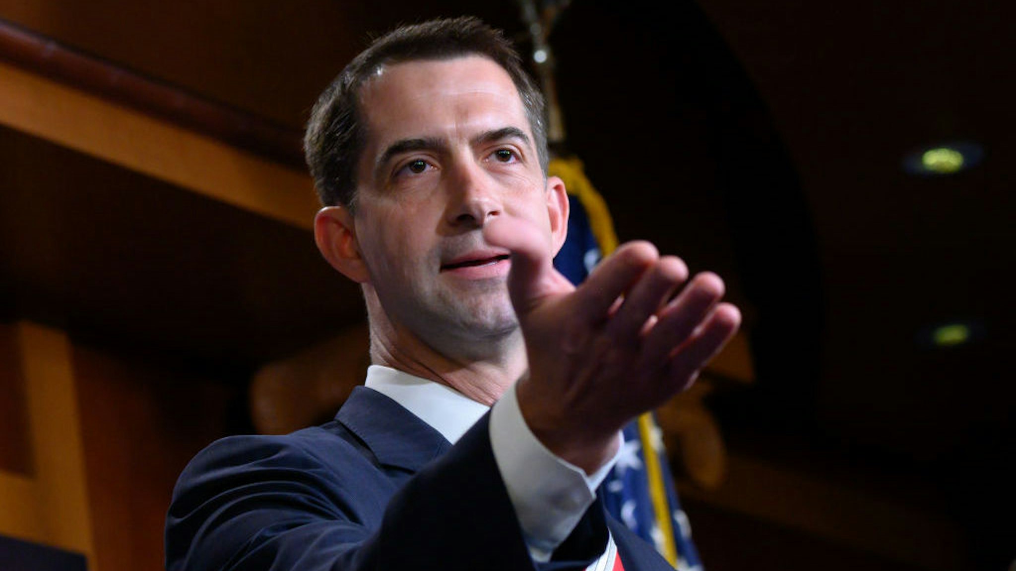Senator Tom Cotton, a Republican from Arkansas, speaks during a news conference on Republican opposition to statehood for the District of Columbia at the U.S. Capitol in Washington, D.C., U.S., on Wednesday, July 1, 2020. House Democrats voted last week for the first time in history to make the U.S. capital a state, a mostly symbolic move that highlights some of the issues of race and equality driving election-year politics. Photographer: Erin Scott/Bloomberg