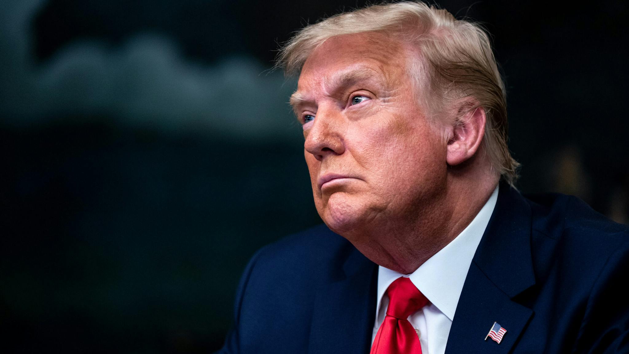President Trump Holds Thanksgiving Videoconference With Members Of The Military U.S. President Donald Trump listens during a videoconference with members of military in the Diplomatic Room of the White House in Washington, D.C., U.S., on Thursday, Nov. 26, 2020. Trump gave defiant Thanksgiving remarks at the White House Thursday, insisting falsely that he beat Joe Biden and wavering on whether he would ever concede or attend Bidens inauguration.