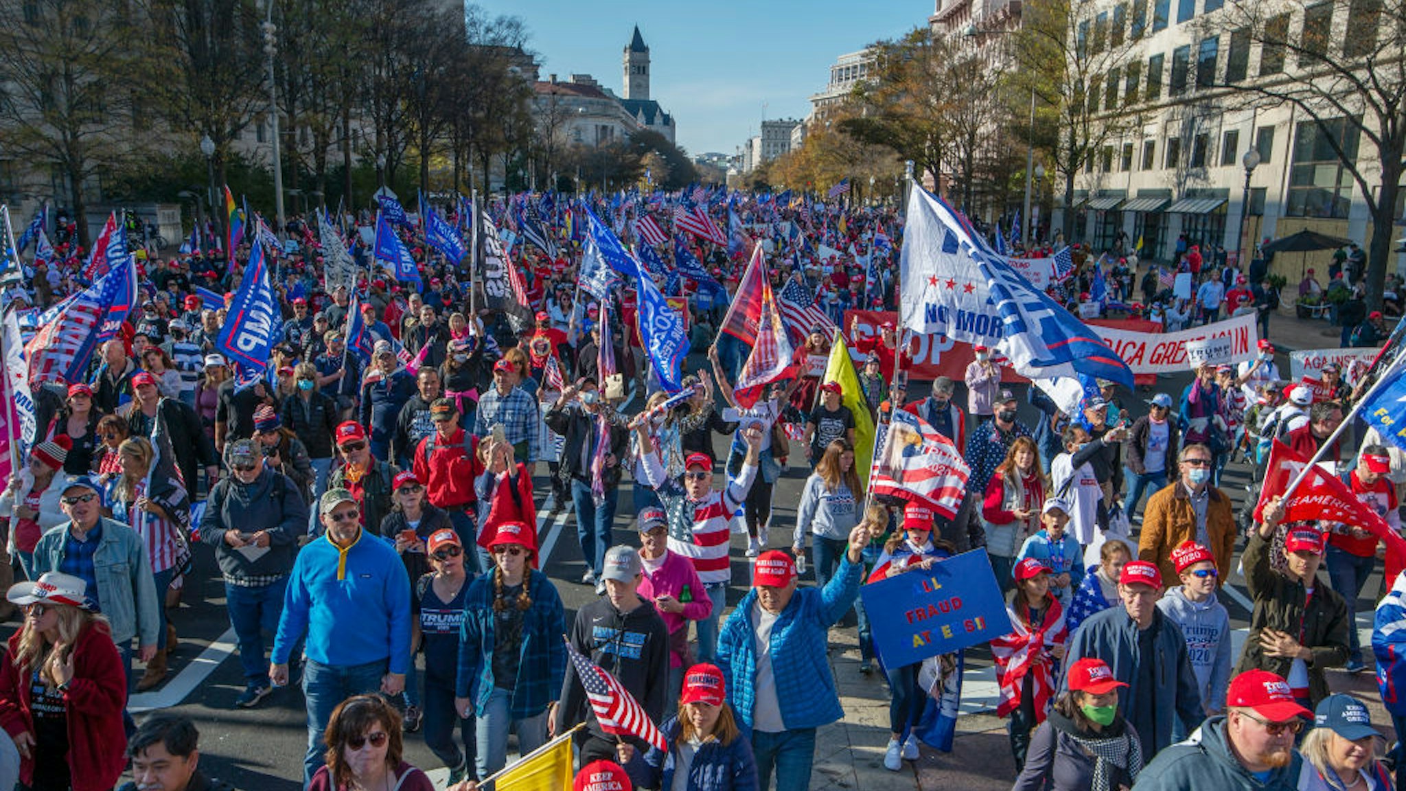 Thousands of supporters of President Trump march along Pennsylvania Avenue towards the Supreme Court during the Million MAGA March rally in Washington, DC, on November 14, 2020. (Photo by Craig Hudson for The Washington Post via Getty Images)