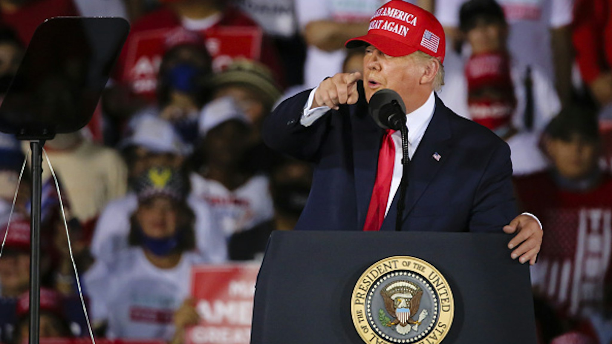 FLORIDA, USA - NOVEMBER 2: US President Donald Trump holds a rally to address his supporters at Miami-Opa Locka Executive Airport in Miami, Florida, United States on November 2, 2020.
