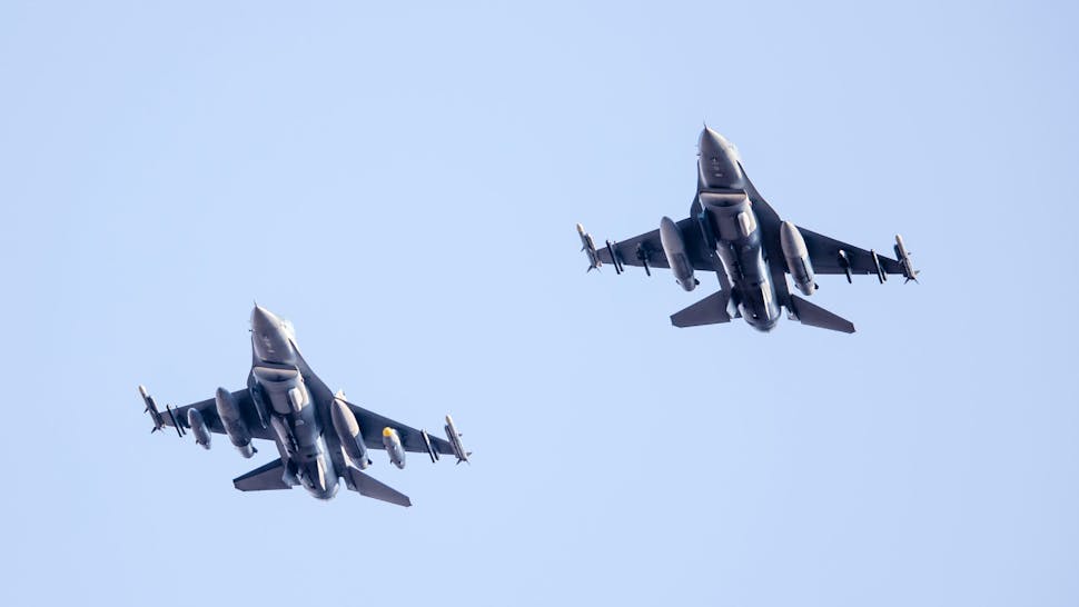 COLORADO SPRINGS, CO - OCTOBER 03: An Air Force F-16 flyover during a regular season college football game between the Navy Midshipmen and the Air Force Falcons on October 3, 2020, at Falcon Stadium in Colorado Springs, CO
