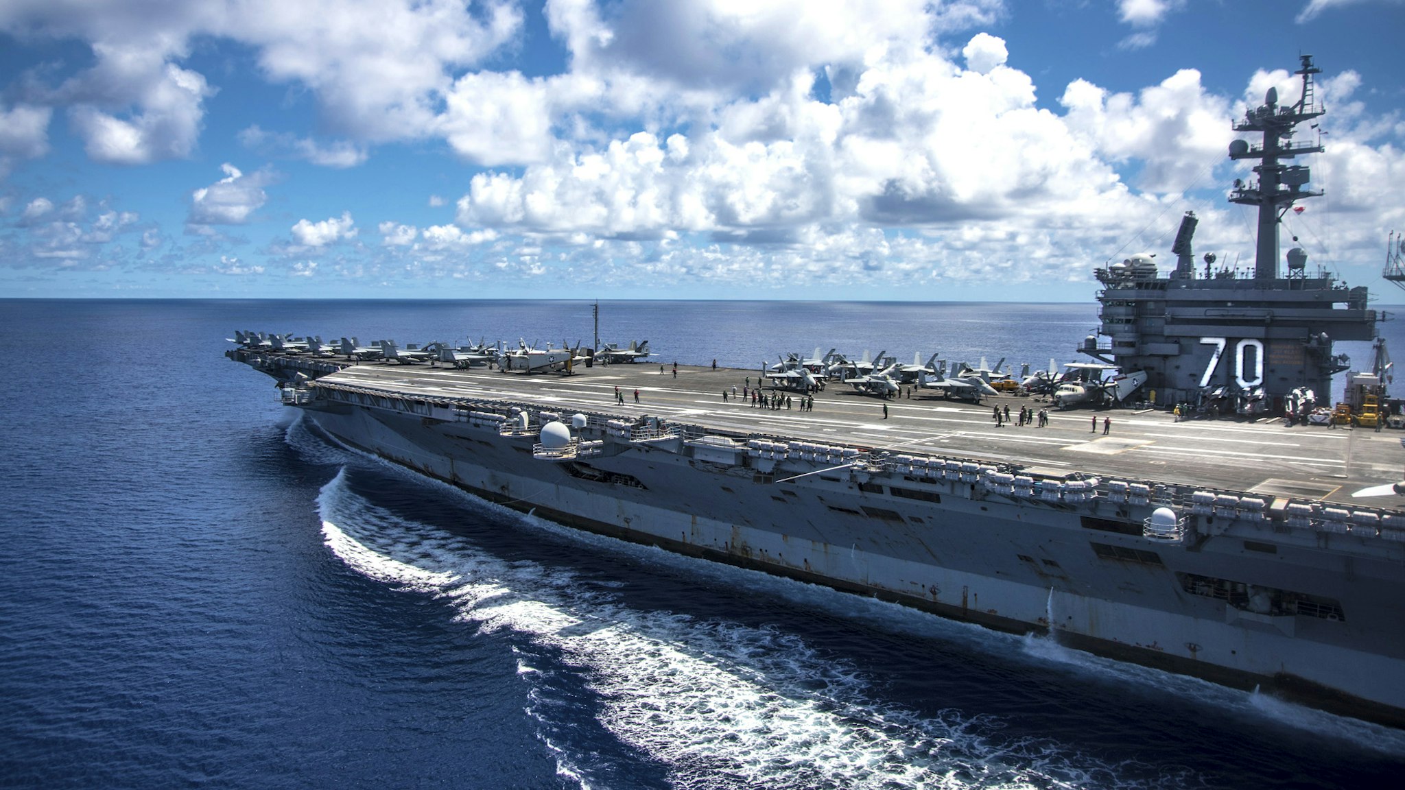 PHILIPPINE SEA - APRIL 23: In this photo provided by the U.S. Navy, the USS Carl Vinson transits the Philippine Sea while conducting a bilateral exercise with the Japan Maritime Self-Defense Force on April 23, 2017 in the Philippine Sea. The Carl Vinson Carrier Strike Group is operating as part of U.S. 7th Fleet, but remains deployed under the U.S. 3rd Fleet Forward operating concept, which provides additional options to the Pacific Fleet commander. U.S. Navy aircraft carrier strike groups have patrolled the Indo-Asia-Pacific regularly and routinely for more than 70 years.