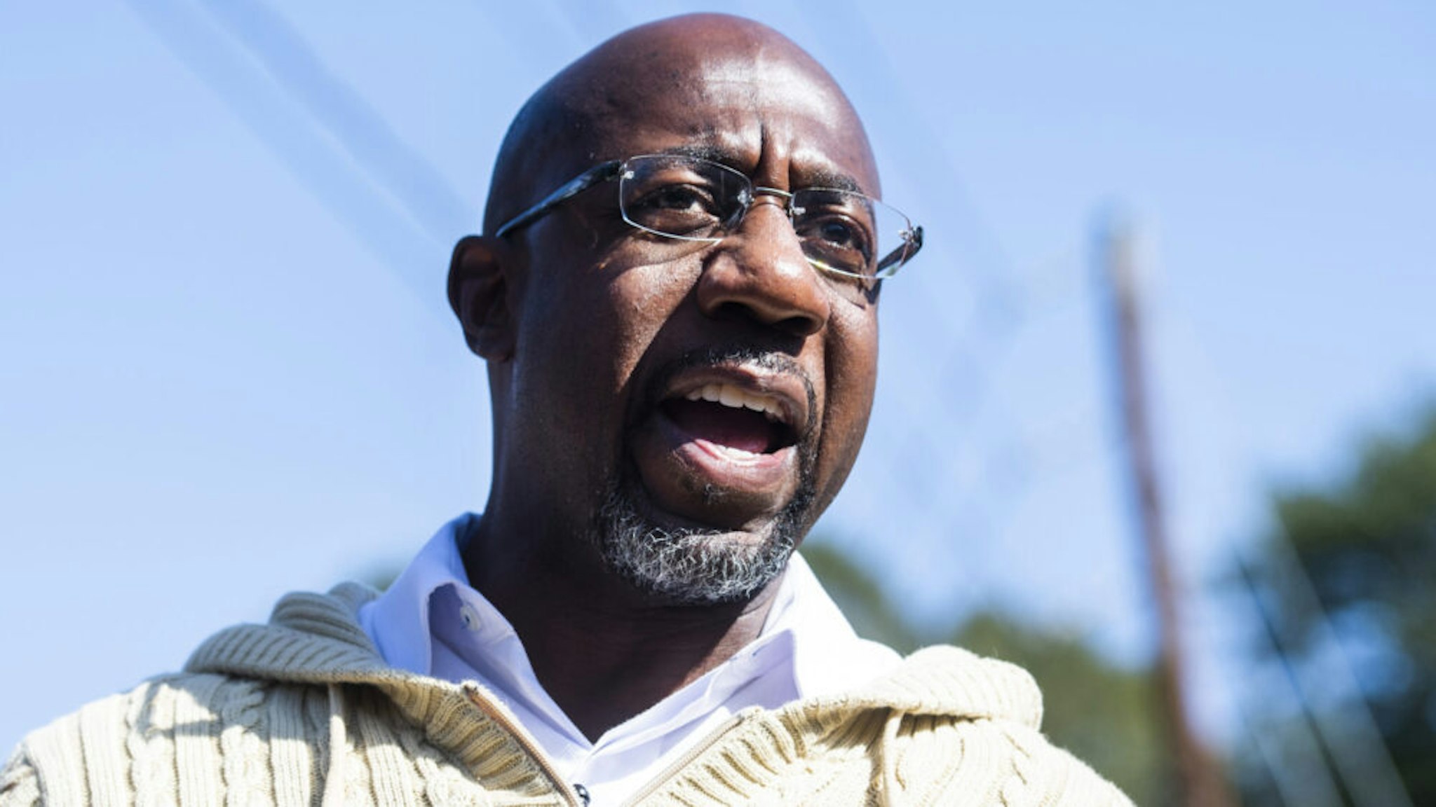 UNITED STATES - NOVEMBER 3: Rev. Raphael Warnock, Democratic candidate for Georgia senate, speaks with supporters during a campaign stop near Coan Park in Atlanta, Ga., on Tuesday, November 3, 2020.