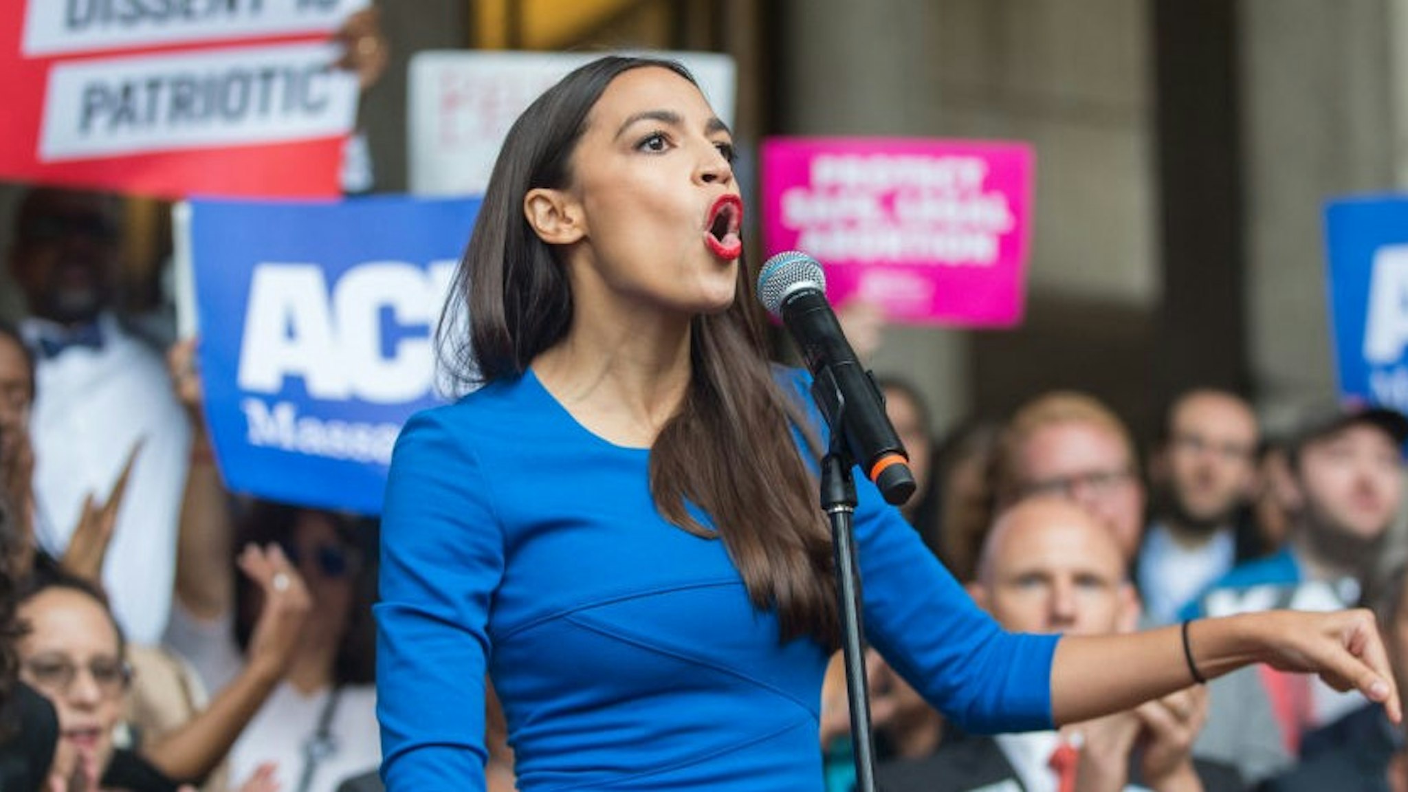 BOSTON, MA - OCTOBER 01: New York Congressional candidate Alexandria Ocasio-Cortez speaks at a rally calling on Sen. Jeff Flake (R-AZ) to reject Judge Brett Kavanaugh's nomination to the Supreme Court on October 1, 2018 in Boston, Massachusetts. Sen. Flake is scheduled to give a talk at the Forbes 30 under 30 event in Boston after recently calling for a one week pause in the confirmation process to give the FBI more time to investigate sexual assault allegations. (Photo by
