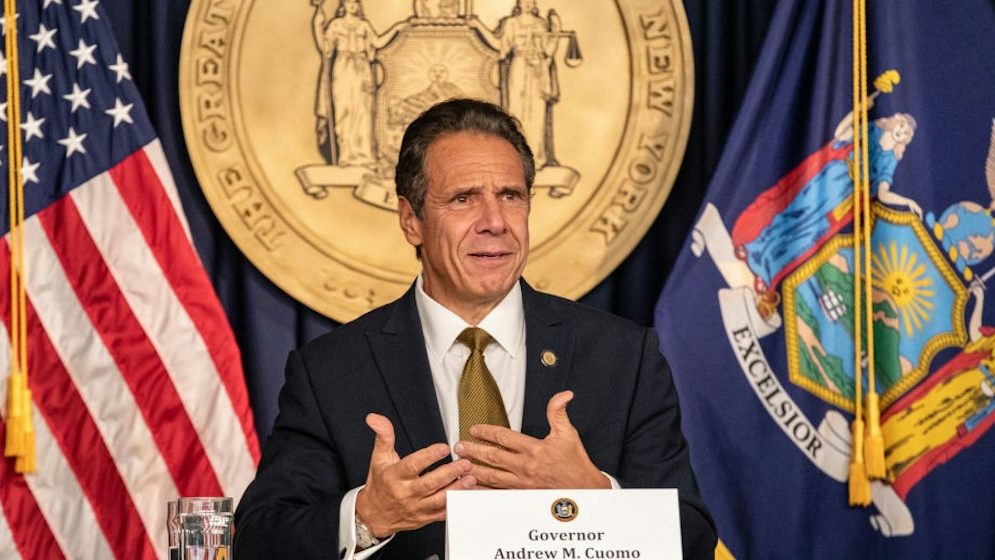 Andrew Cuomo, governor of New York, speaks during a news conference in New York, U.S., on Monday, Oct. 5, 2020. Governor Cuomo said New York City public and private schools in viral hot spots must close Tuesday, and he threatened to shut religious institutions if members dont follow rules about masks and social distancing. Photographer:
