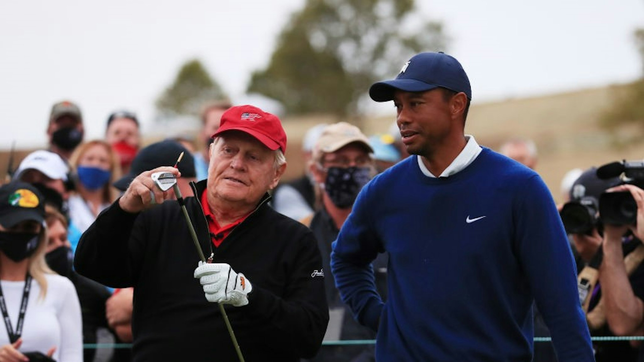 RIDGEDALE, MISSOURI - SEPTEMBER 22: Jack Nicklaus talks to Tiger Woods of the United States on the 19th tee during the Payne’s Valley Cup on September 22, 2020 on the Payne’s Valley course at Big Cedar Lodge in Ridgedale, Missouri. (Photo by