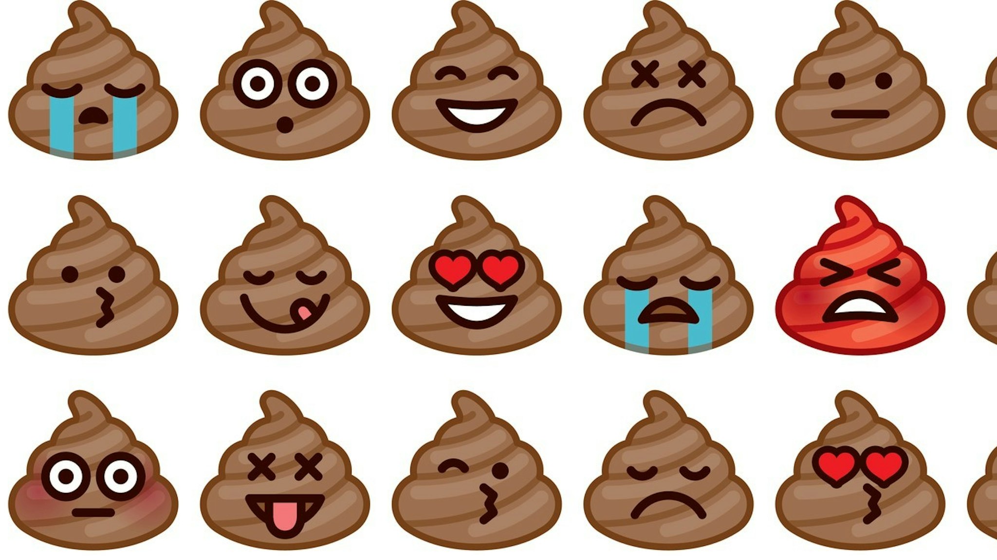 A set of 'poomojis', or emoji icons made of poo. Emotions include embarrassed, happy, in love, sad, angry, crying, and so forth. AI10 EPS file built in CMYK. Some simple transparency effects used to create the blushing effects.