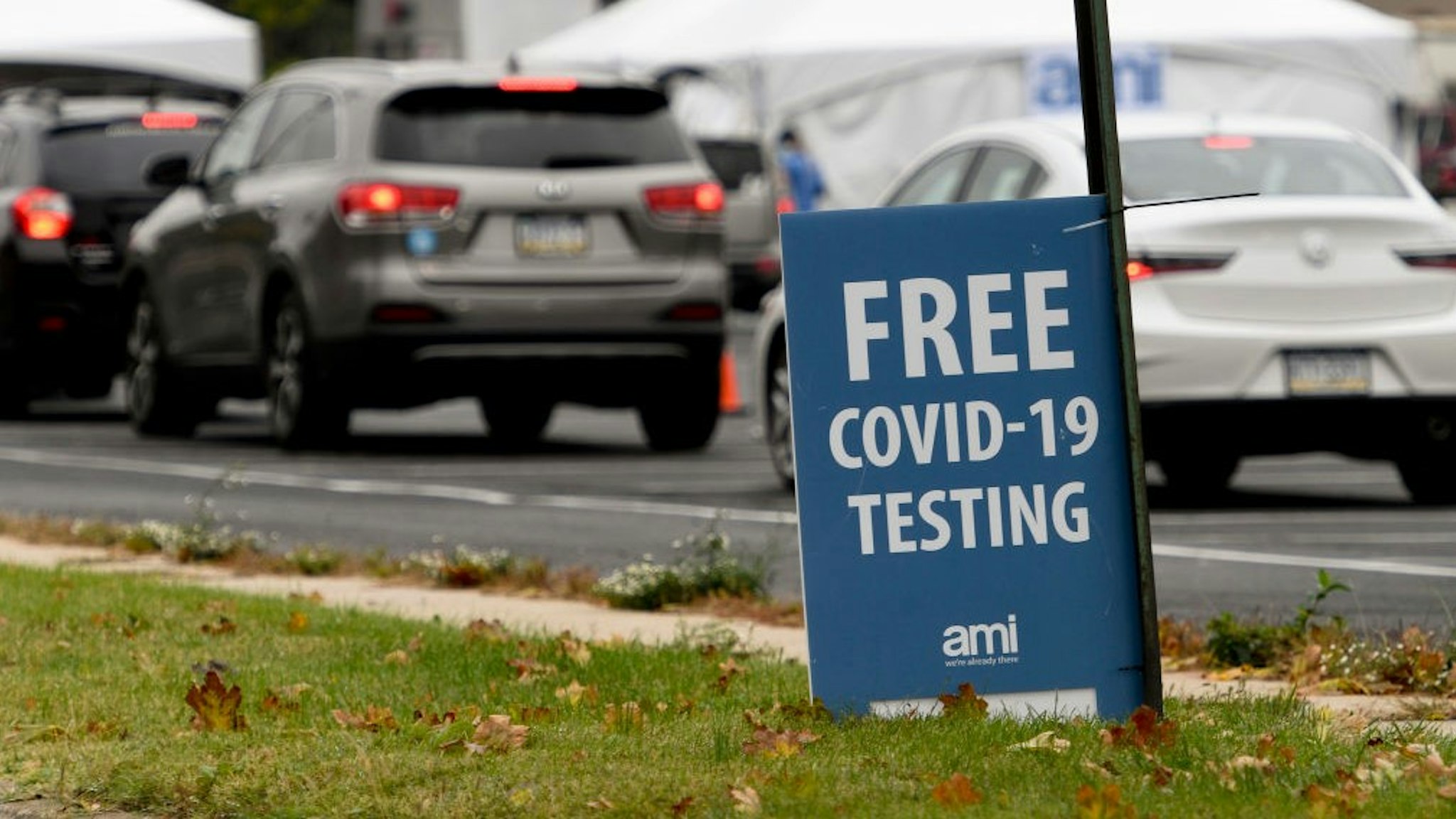 Reading, PA - October 13: A sign that reads "Free COVID-19 Testing". At the state run free COVID-19 testing site setup on Front Street in Reading, PA outside FirstEnergy Stadium Tuesday morning October 13, 2020. The site will be there for 5 days and was setup in response to an increase in cases in Berks County. (Photo by