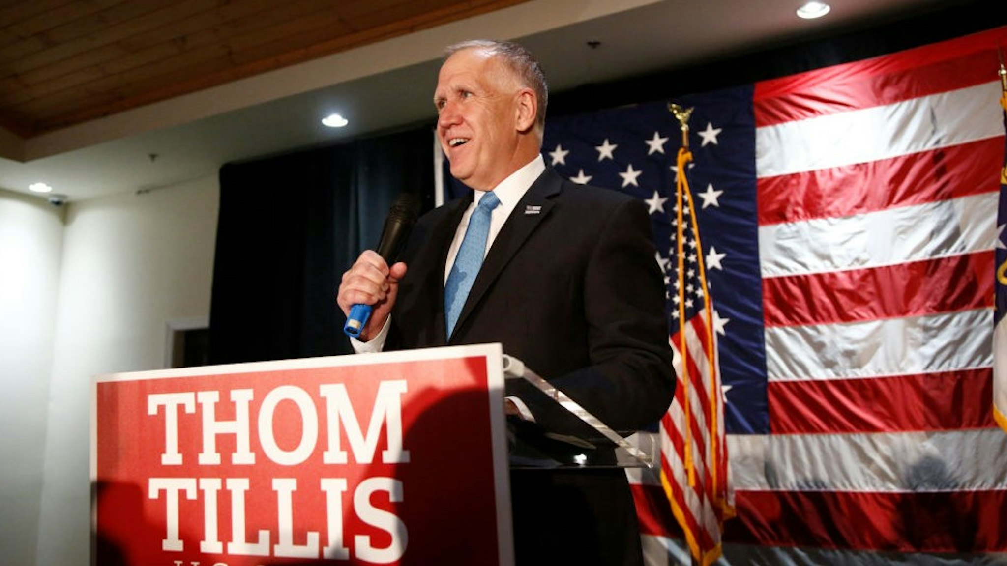MOORESVILLE, NC -NOVEMBER 3: U.S. Sen. Thom Tillis (R-NC) addresses supporters as he celebrates winning his bid for reelection against Democratic challenger Cal Cunningham during an Election Night watch party on November 3, 2020 in Mooresville, North Carolina. After a record-breaking early voting turnout, Americans head to the polls on the last day to cast their vote for incumbent U.S. President Donald Trump or Democratic nominee Joe Biden in the 2020 presidential election. (Photo by