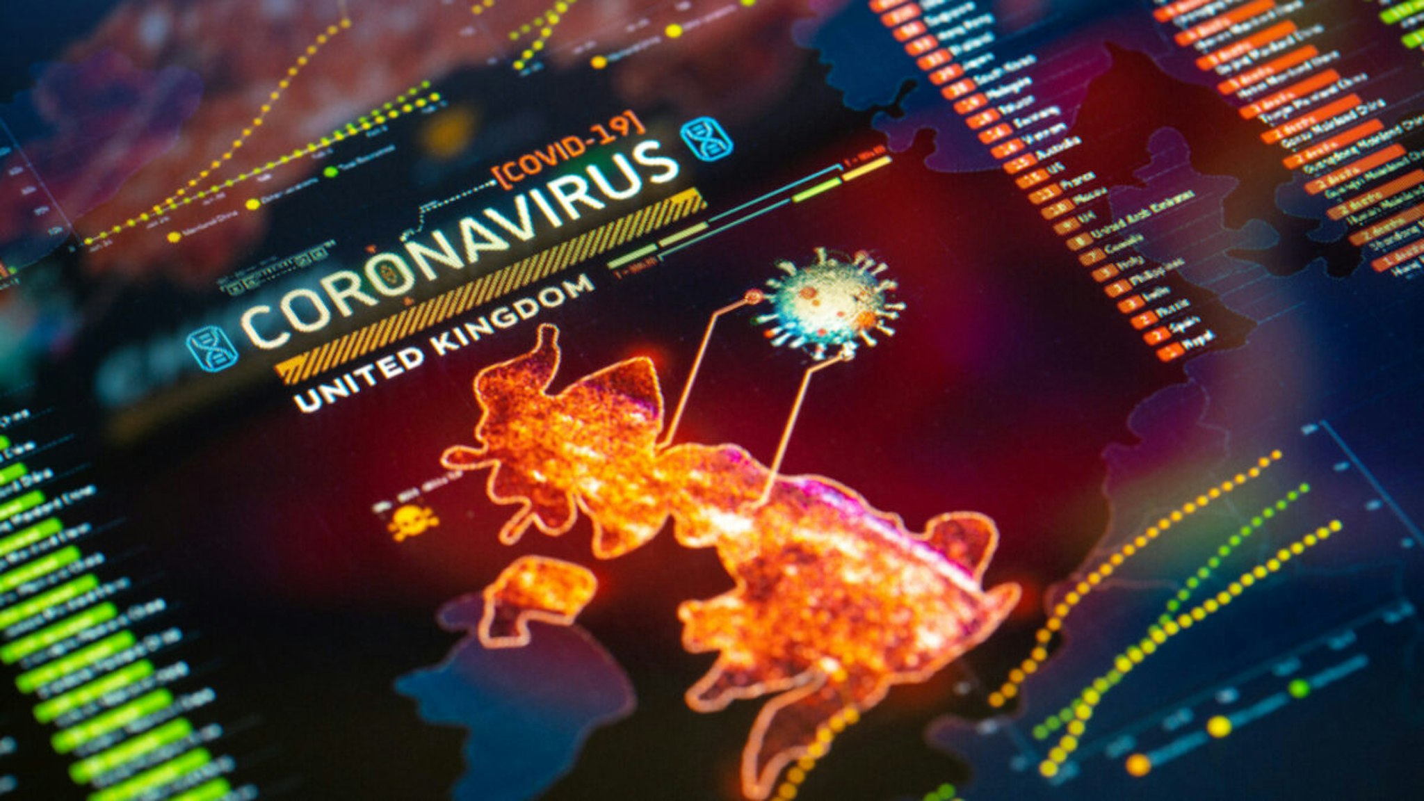 Coronavirus (COVID-19) Outbreak in United Kingdom Statistics close-up on digital display.