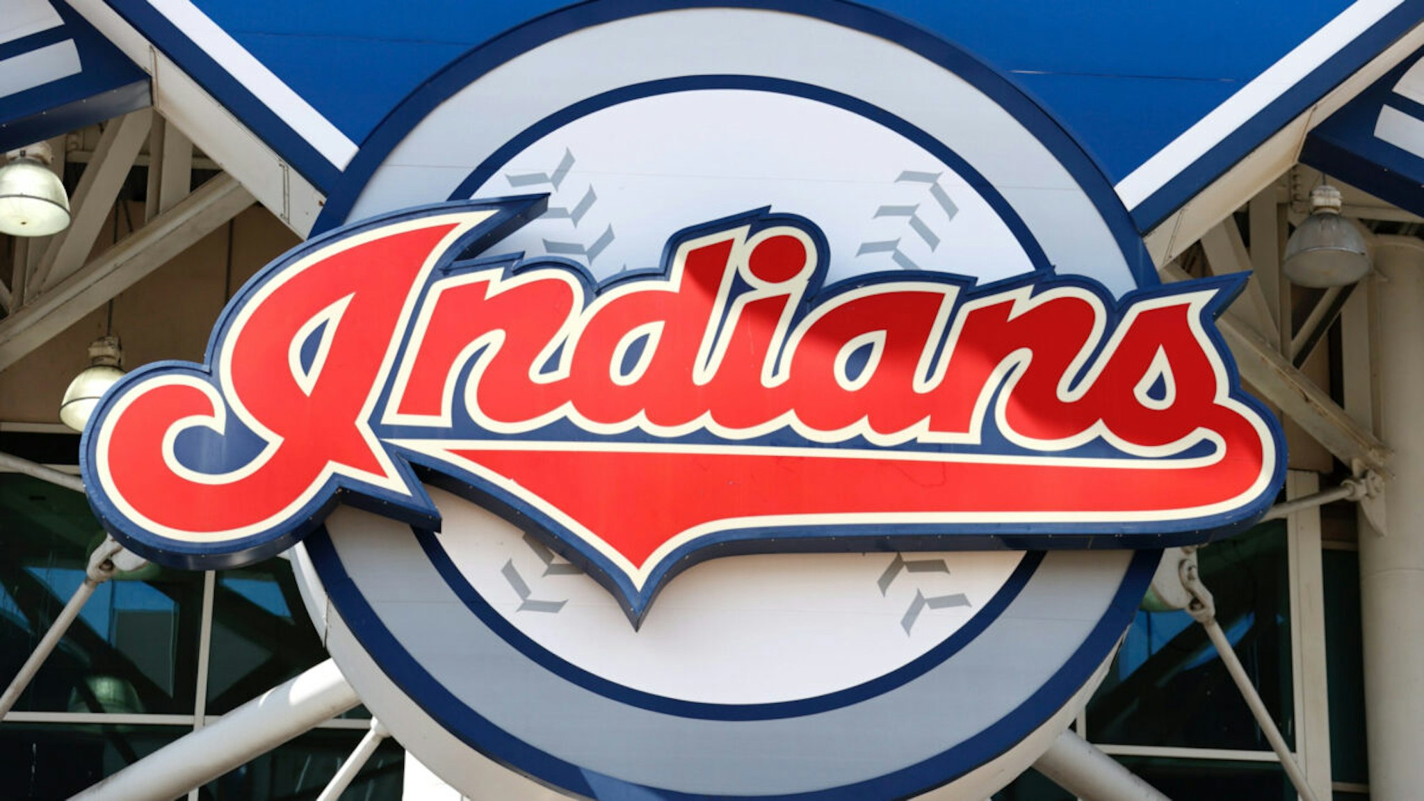 The Cleveland Indians team logo on the main sign outside Progressive Field before they play an intrasquad game during summer workouts on July 12, 2020 in Cleveland, Ohio.