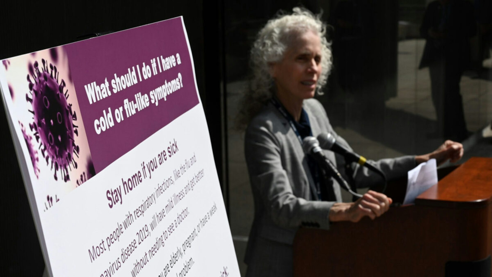 Los Angeles County Public Health director Barbara Ferrer speaks at a press conference on the novel COVID-19 (coronavirus), March 6, 2020 in Los Angeles, California.