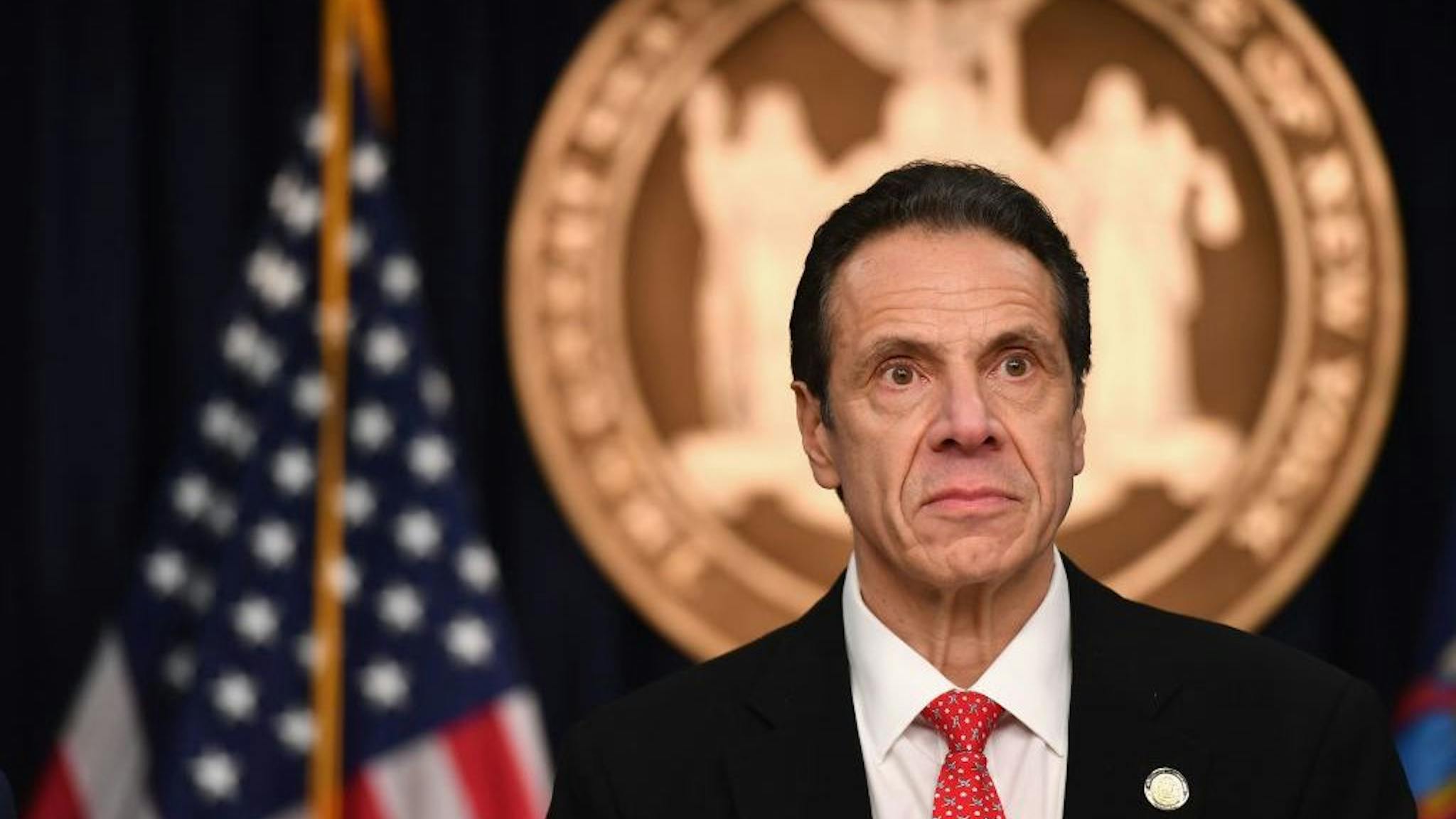 Andrew Cuomo New York Governor Andrew Cuomo speaks during a press conference to discuss the first positive case of novel coronavirus or COVID-19 in New York State on March 2, 2020 in New York City. - Governor Andrew Cuomo said March 2, 2020 he expects the new coronavirus is spreading in New York, a global hub of commerce and finance, as it deals with its first confirmed case."I've been saying for many days, it's not if but when. We're New York. This is a global situation," he said on CNN.The city's first confirmed coronavirus case was detected in a health care worker, a 39-year-old woman who tested positive after returning from Iran. (Photo by Angela Weiss / AFP) (Photo by ANGELA WEISS/AFP via Getty Images)