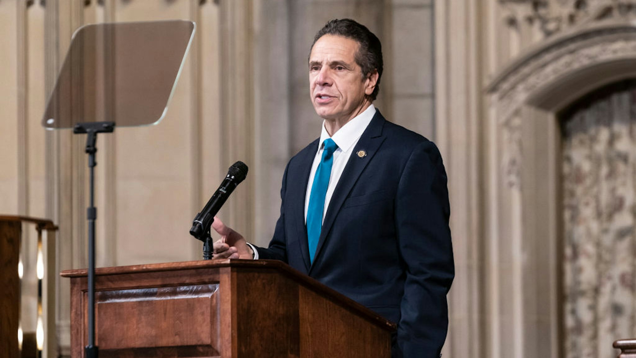 NEW YORK, UNITED STATES - 2020/11/15: Governor Andrew Cuomo delivers remarks at Riverside Church during morning worship on the inequities in the Trump administration's vaccine distribution plan. The Governor declared that New York State will mobilize an army to vaccinate all New Yorkers fairly, equitably. Governor reminded to the audience words by Reverend Dr. King who said of all the forms of inequality, injustice in health is the most shocking and the most inhumane because it often results in physical death. (Photo by Lev Radin/Pacific Press/LightRocket via Getty Images)