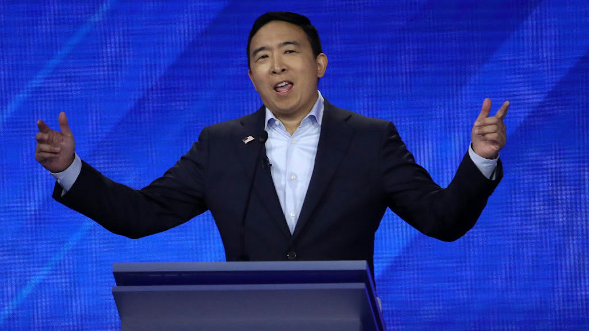 HOUSTON, TEXAS - SEPTEMBER 12: Democratic presidential candidate former tech executive Andrew Yang speaks during the Democratic Presidential Debate at Texas Southern University's Health and PE Center on September 12, 2019 in Houston, Texas. Ten Democratic presidential hopefuls were chosen from the larger field of candidates to participate in the debate hosted by ABC News in partnership with Univision. (Photo by Win McNamee/Getty Images)