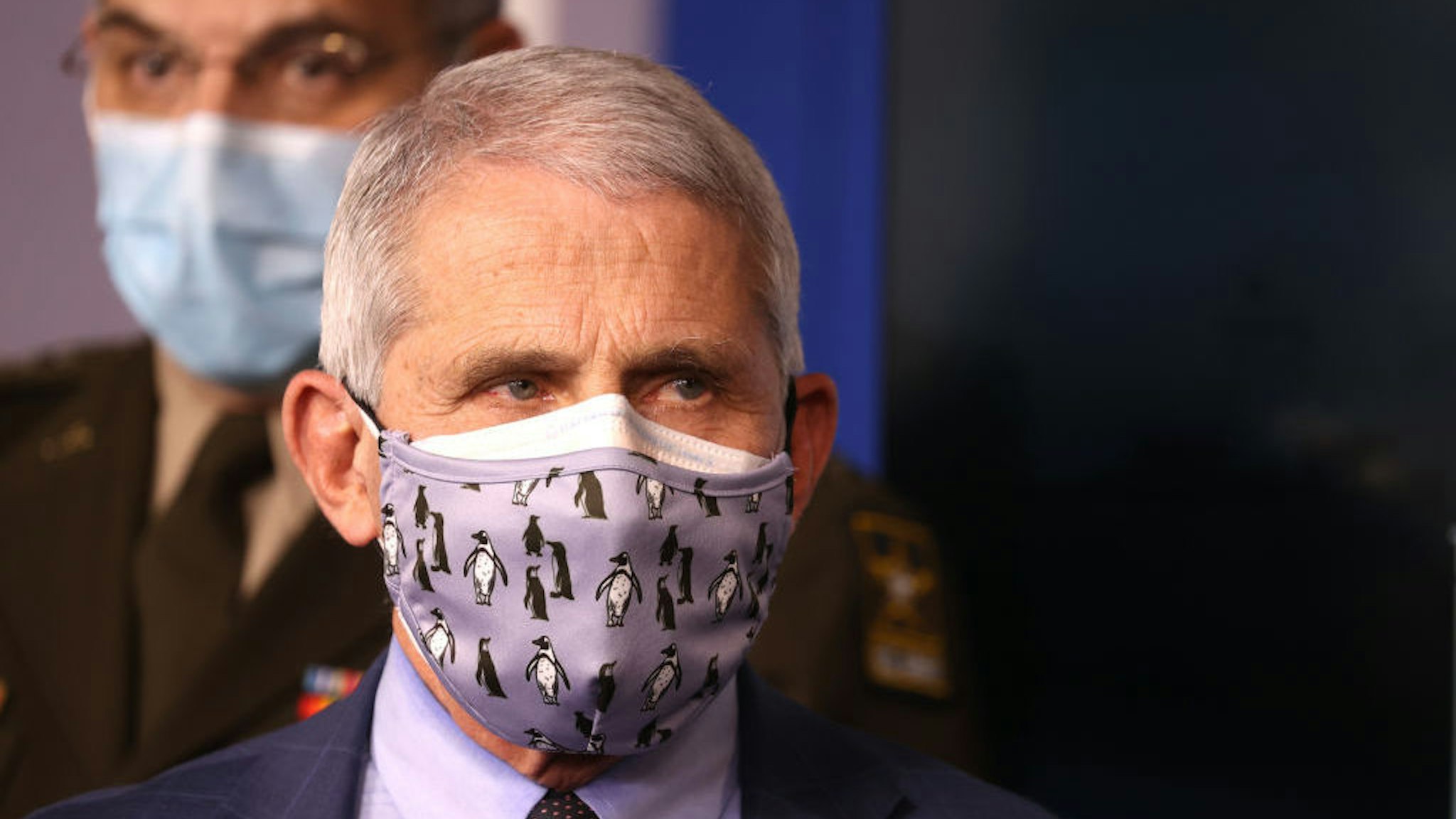 WASHINGTON, DC - NOVEMBER 19: Dr. Anthony Fauci, director of the National Institute of Allergy and Infectious Diseases, wears a protective mask during a White House Coronavirus Task Force press briefing in the James Brady Press Briefing Room at the White House on November 19, 2020 in Washington, DC. The White House held its first Coronavirus Task Force briefing in months as cases of COVID-19 are surging across the country ahead of the Thanksgiving holiday. (Photo by Tasos Katopodis/Getty Images)