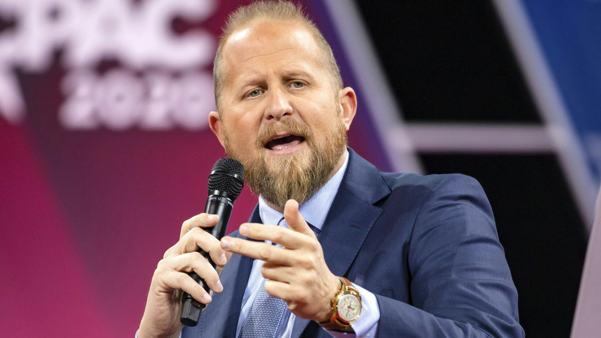 NATIONAL HARBOR, MD - FEBRUARY 28: Brad Parscale, campaign manager for Trump's 2020 reelection campaign, speaks on stage with Laura Trump, President Donald Trumps daughter in-law and member of his 2020 reelection campaign, during the Conservative Political Action Conference 2020 (CPAC) hosted by the American Conservative Union on February 28, 2020 in National Harbor, MD.