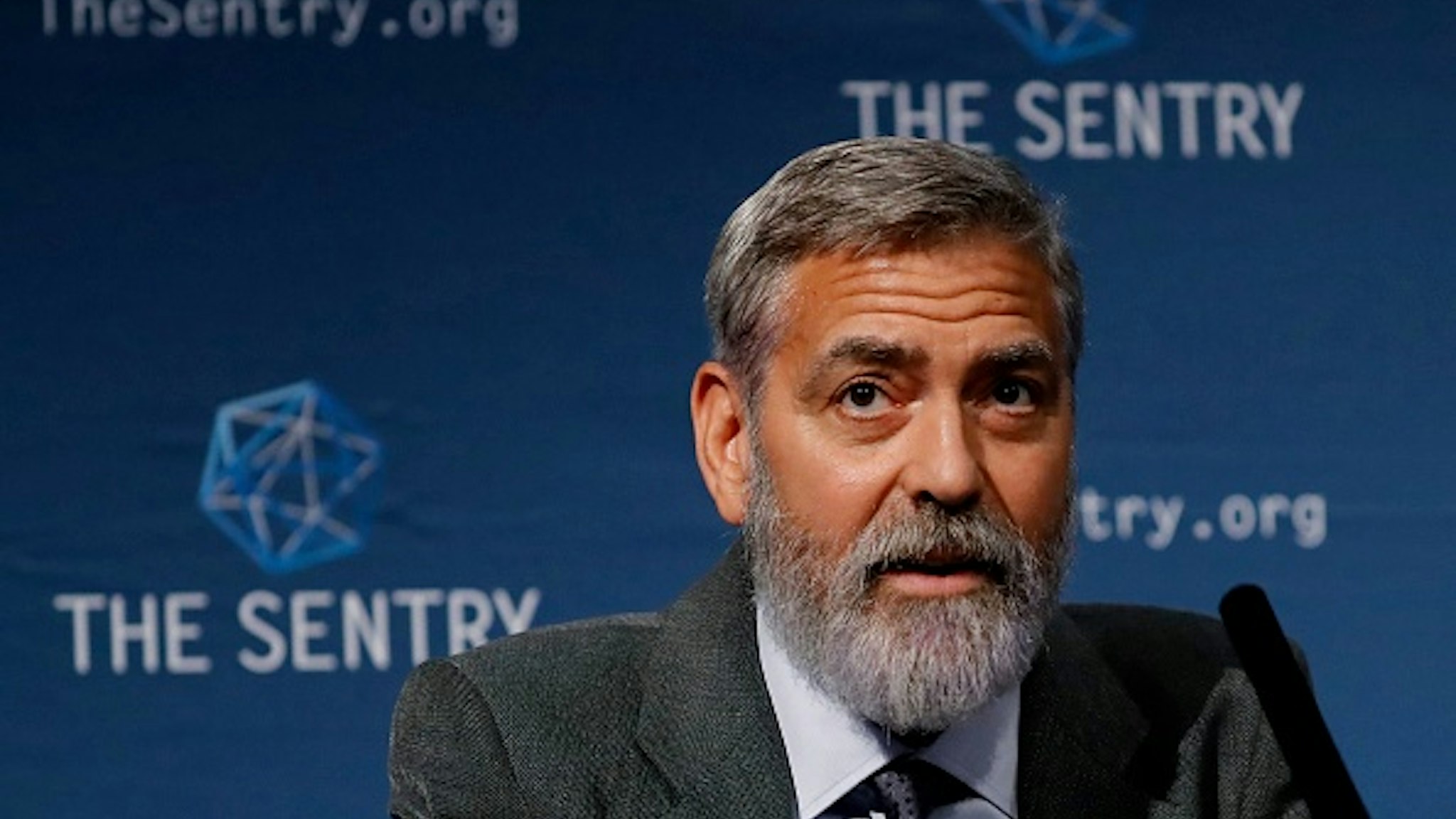 US actor George Clooney takes part in a press conference in central London to present a report on atrocities in South Sudan on September 19, 2019.